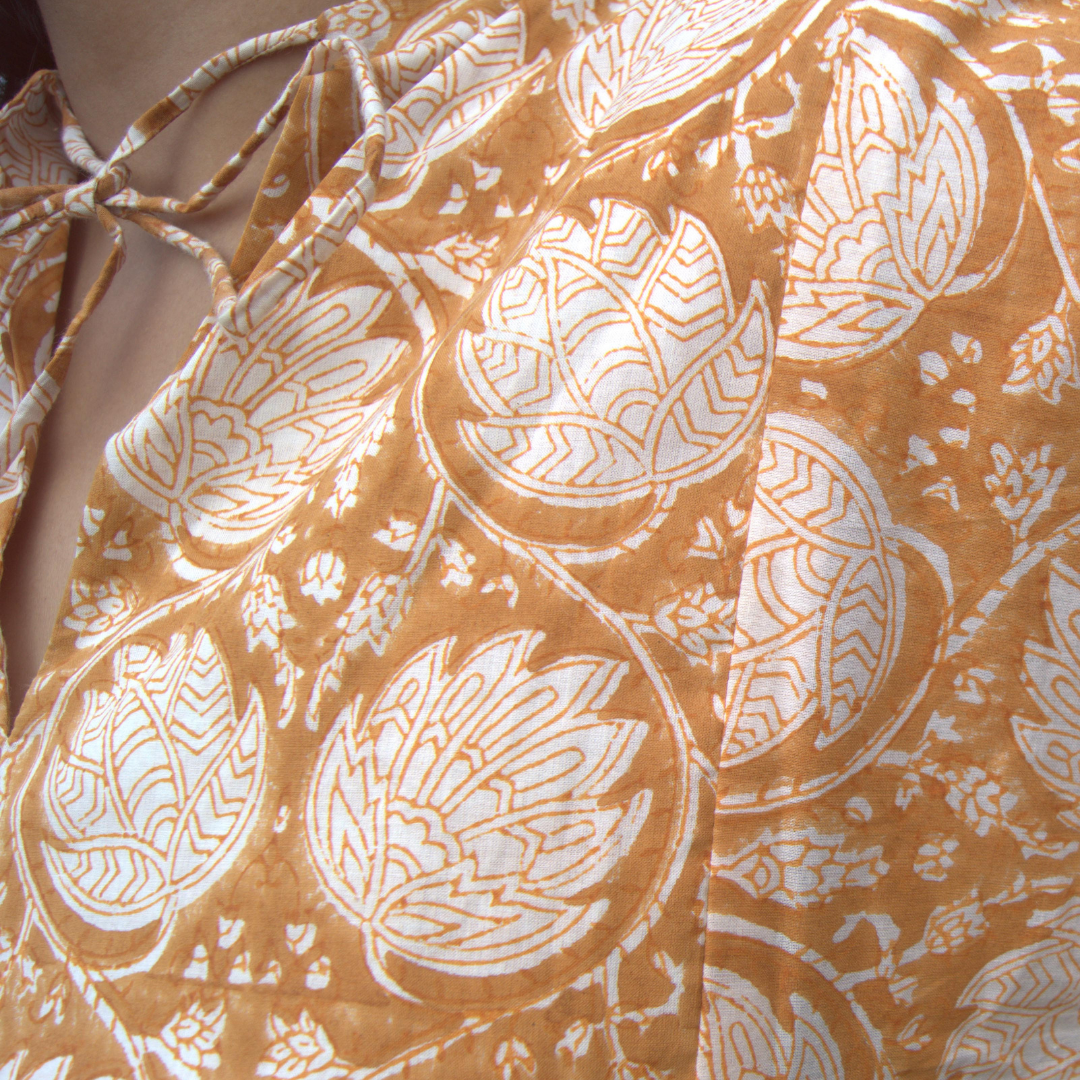 Mustard Handblock Printed Cotton Short Dress