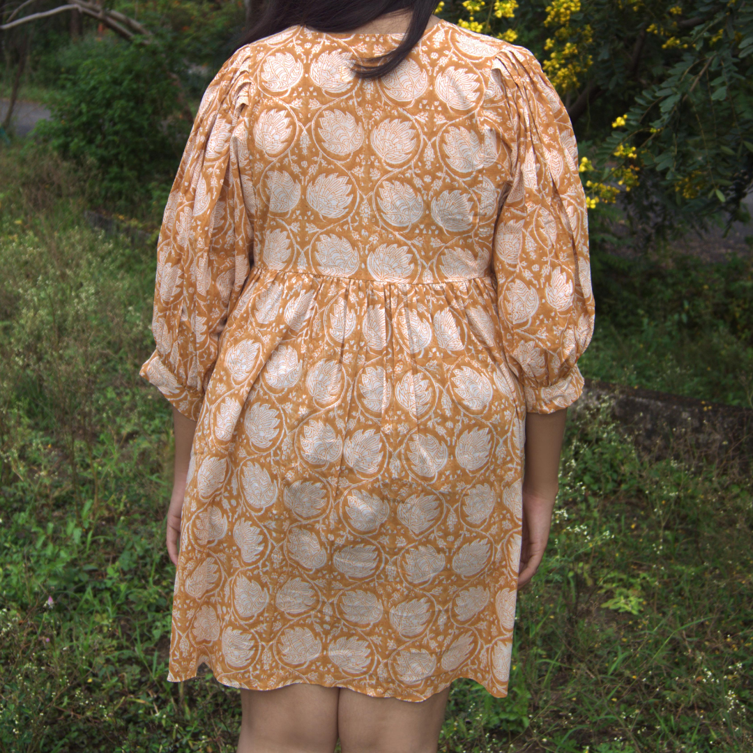 Mustard Handblock Printed Cotton Short Dress