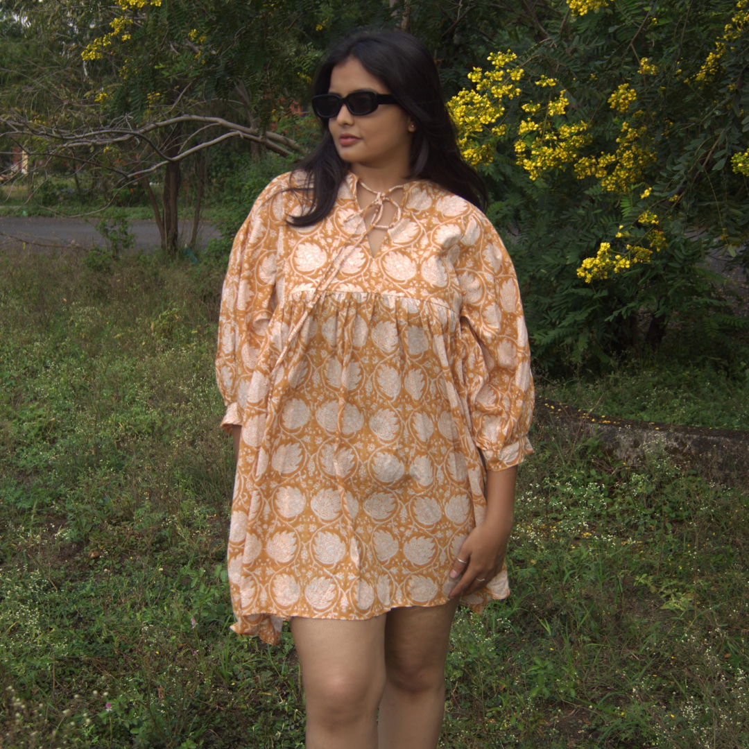Mustard Handblock Printed Cotton Short Dress