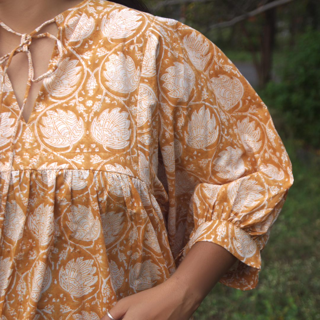 Mustard Handblock Printed Cotton Short Dress