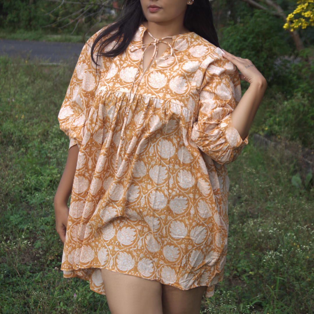 Mustard Handblock Printed Cotton Short Dress