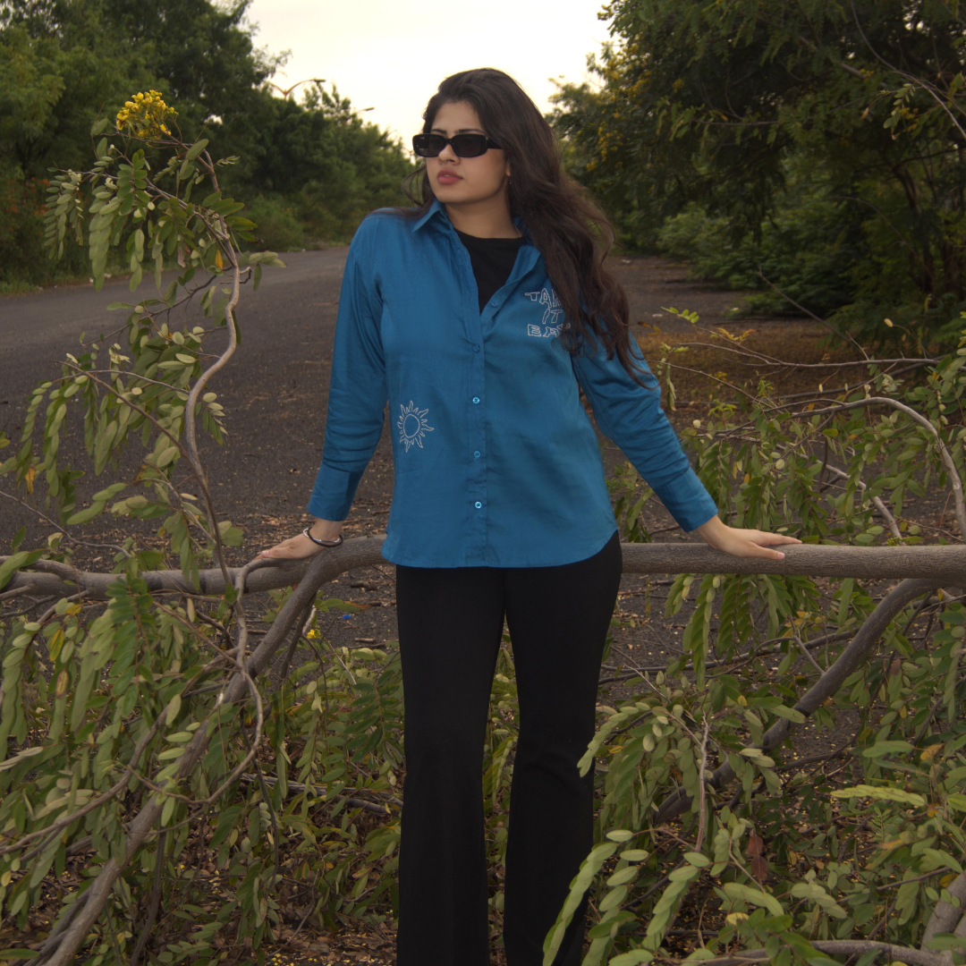 Take It Easy Hand-Embroidered Teal Cotton Shirt