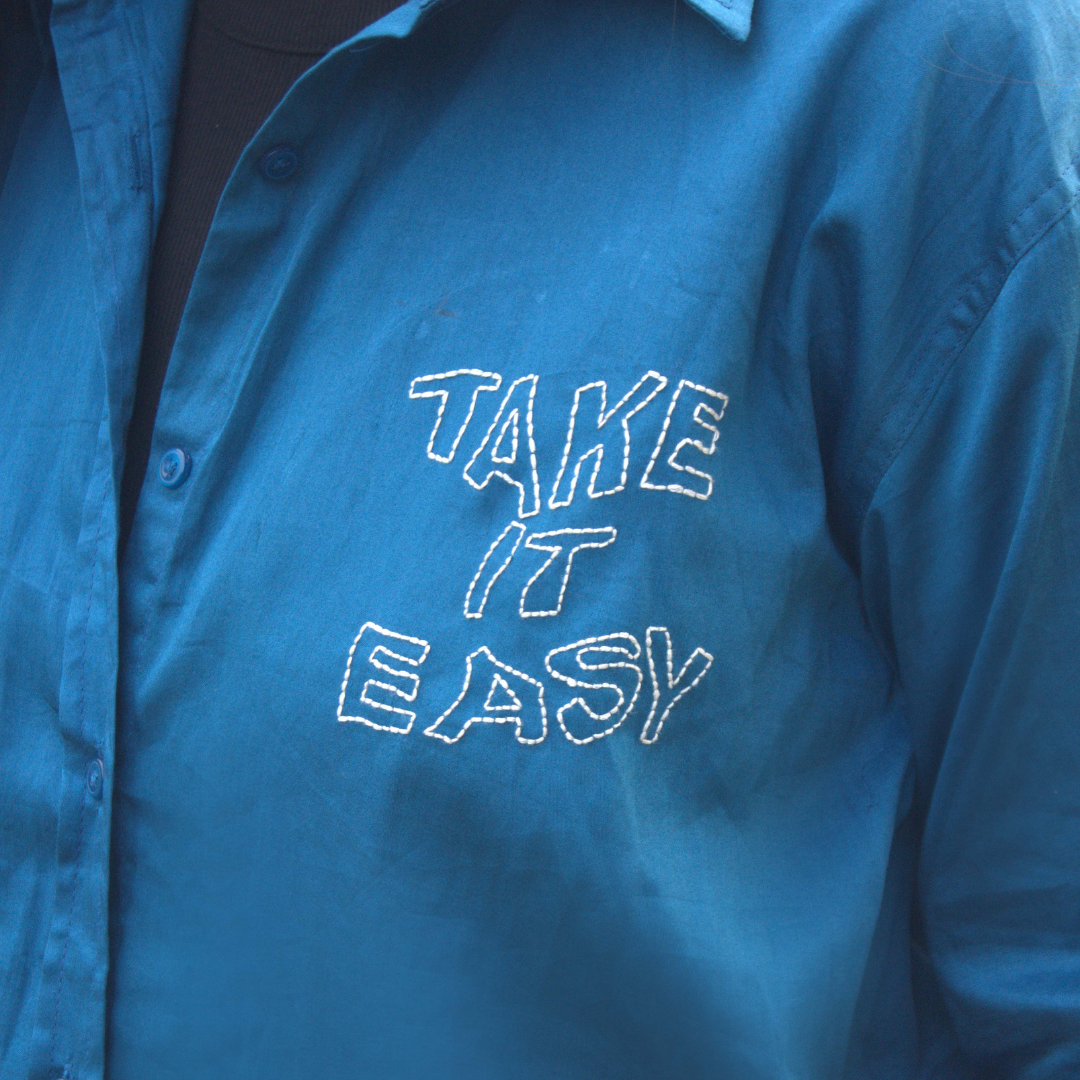 Take It Easy Hand-Embroidered Teal Cotton Shirt