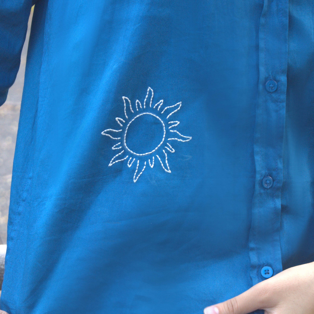 Take It Easy Hand-Embroidered Teal Cotton Shirt