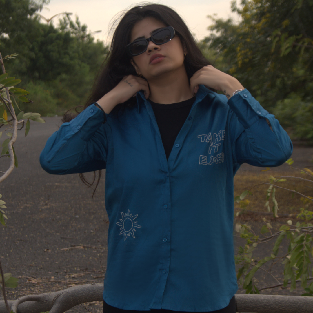Take It Easy Hand-Embroidered Teal Cotton Shirt