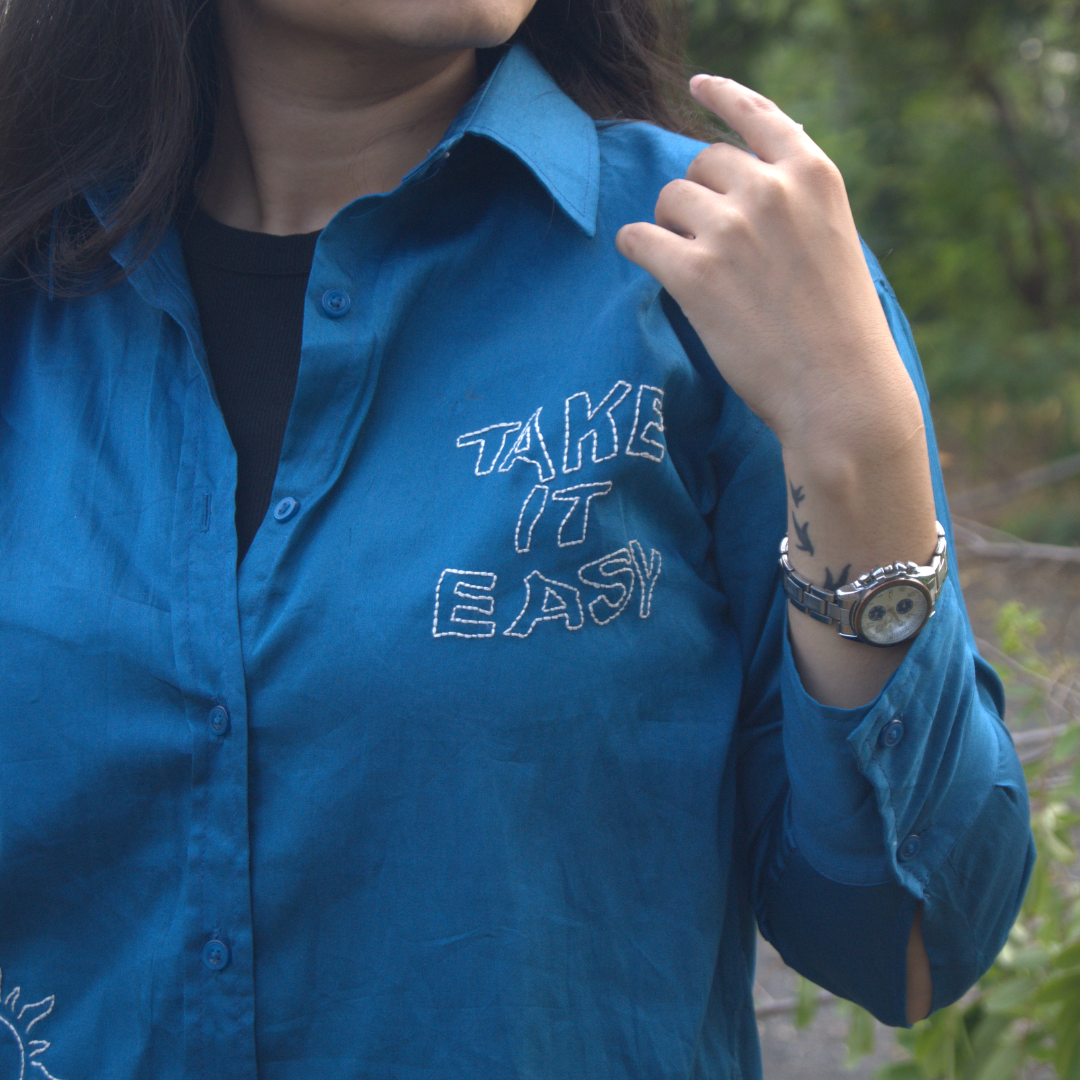 Take It Easy Hand-Embroidered Teal Cotton Shirt