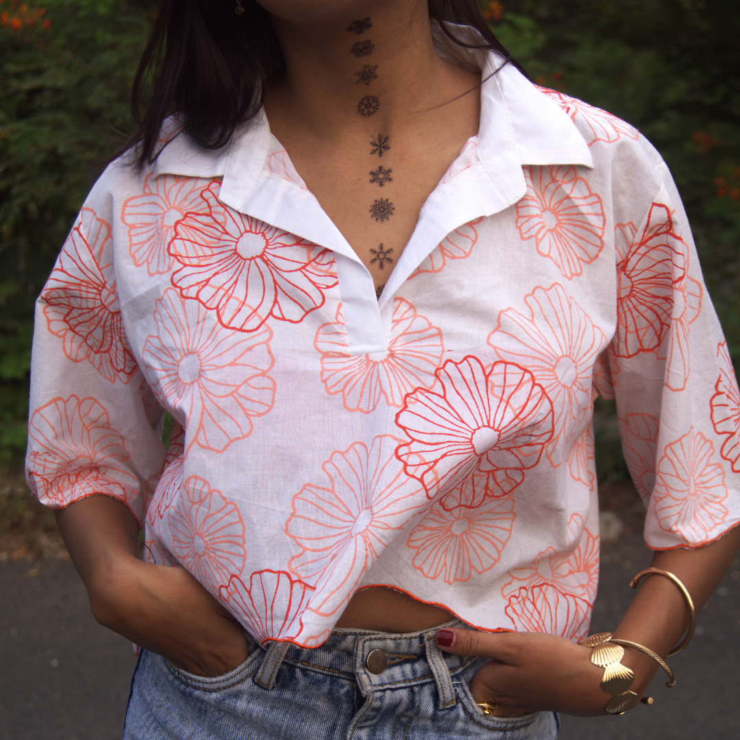 Coral Bloom Handblock Printed Crop Shirt
