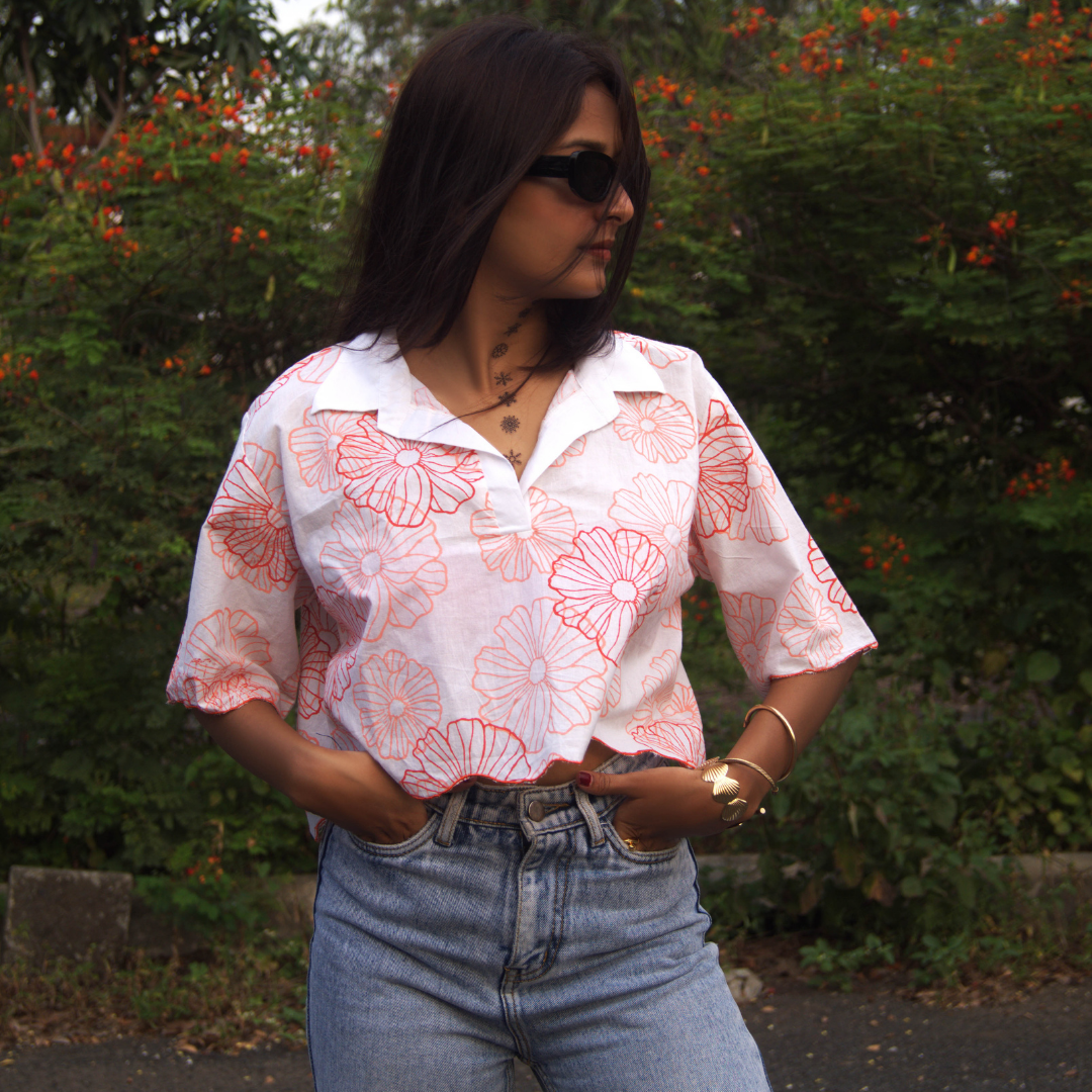 Coral Bloom Handblock Printed Crop Shirt