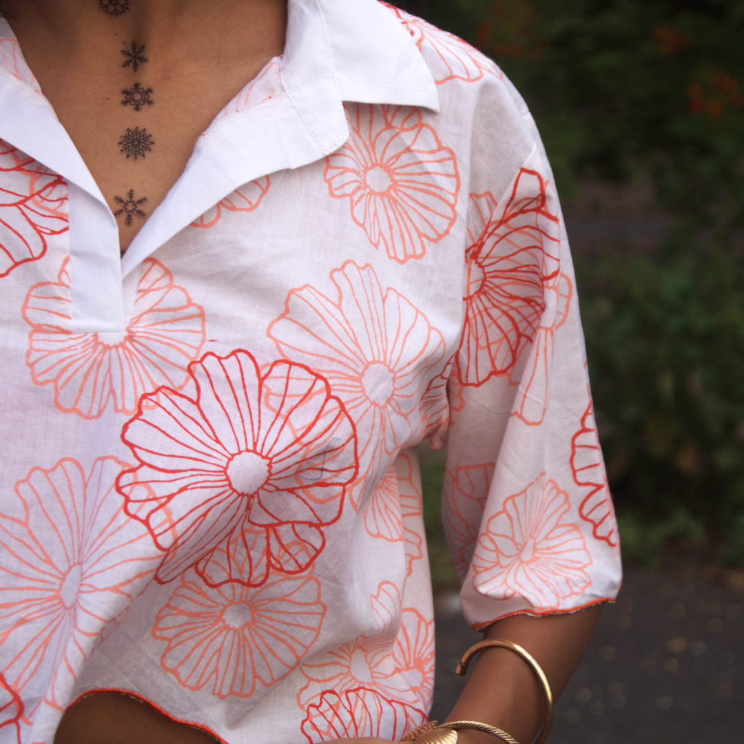 Coral Bloom Handblock Printed Crop Shirt