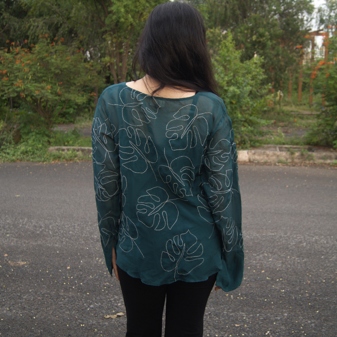 Leaf Pattern Hand-Embroidered Sheer Bottle Green Top