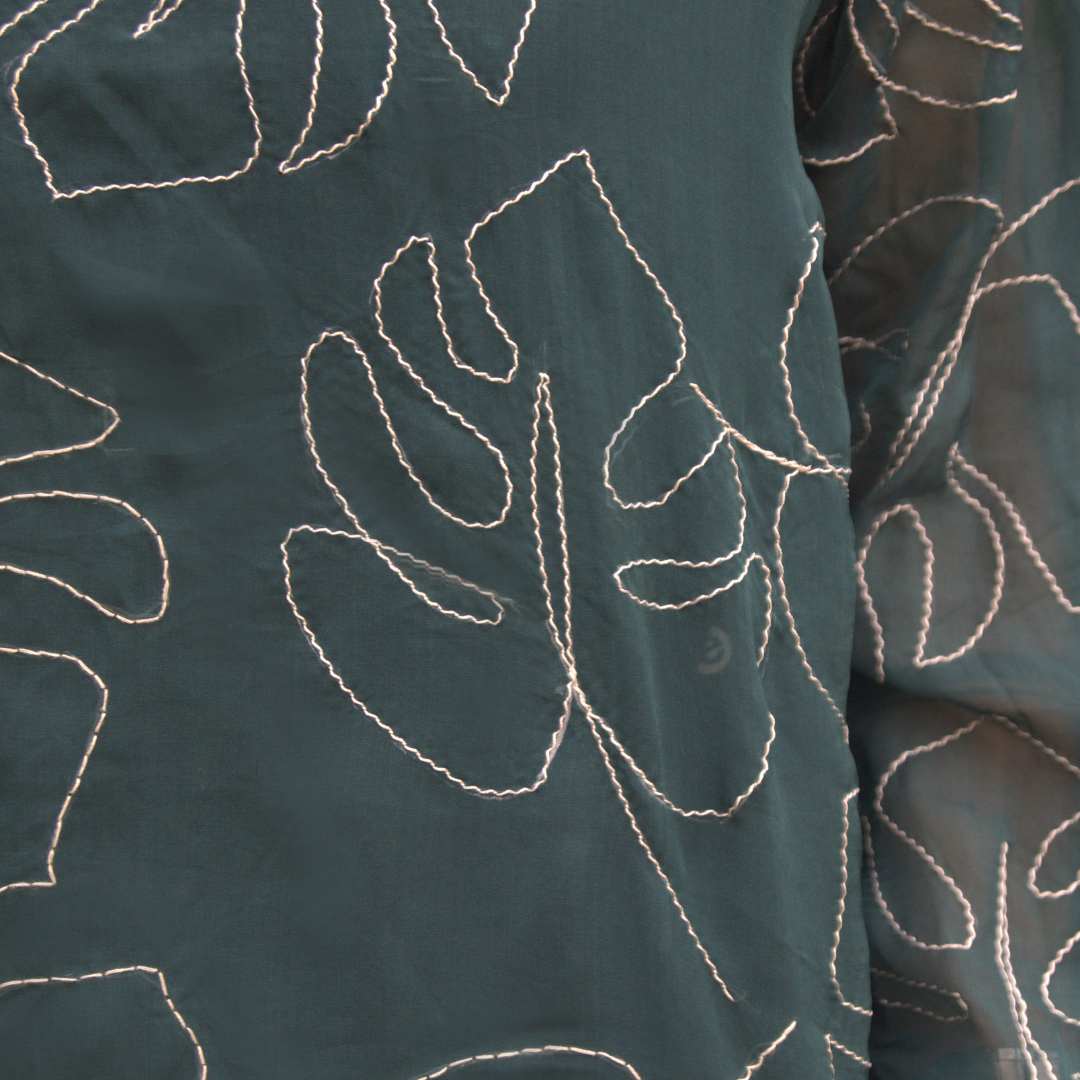 Leaf Pattern Hand-Embroidered Sheer Bottle Green Top