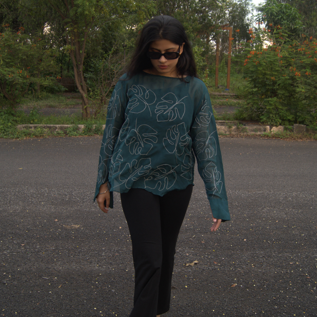 Leaf Pattern Hand-Embroidered Sheer Bottle Green Top