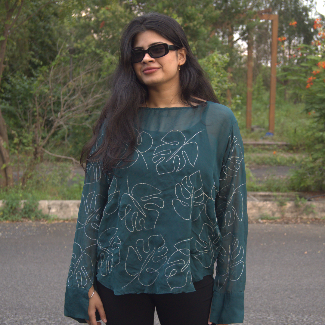 Leaf Pattern Hand-Embroidered Sheer Bottle Green Top