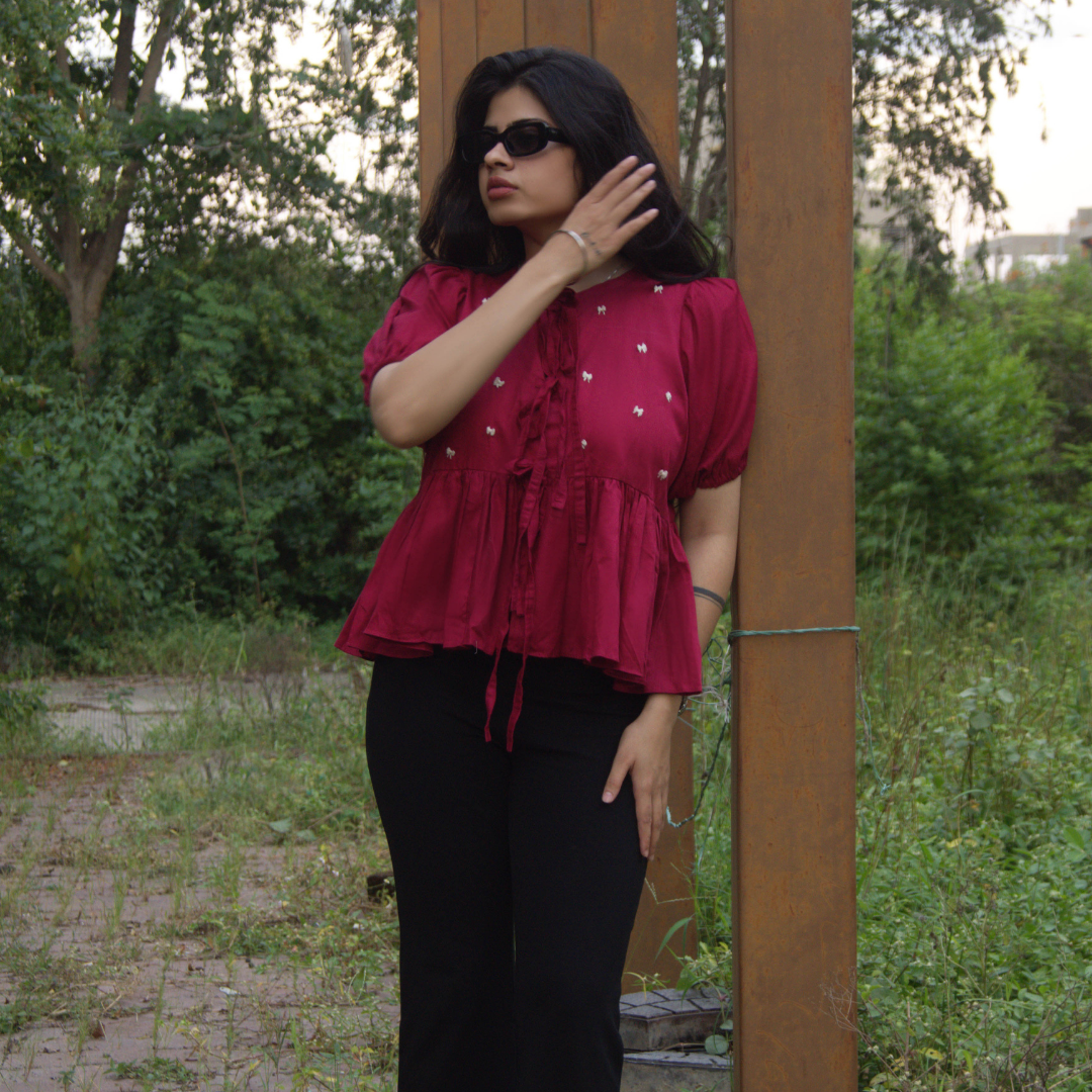 Cranberry Red Embroidered Cotton Peplum Top
