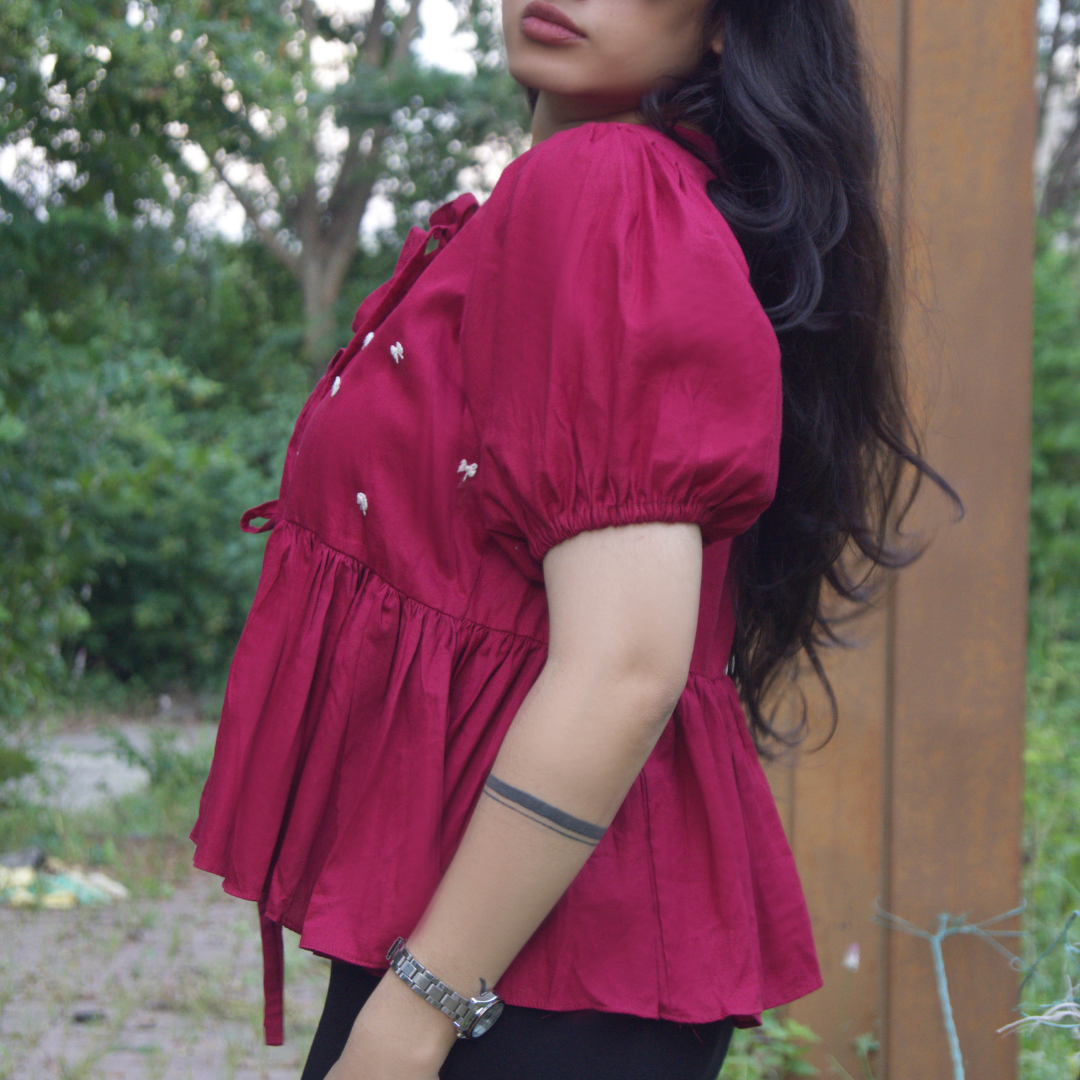 Cranberry Red Embroidered Cotton Peplum Top