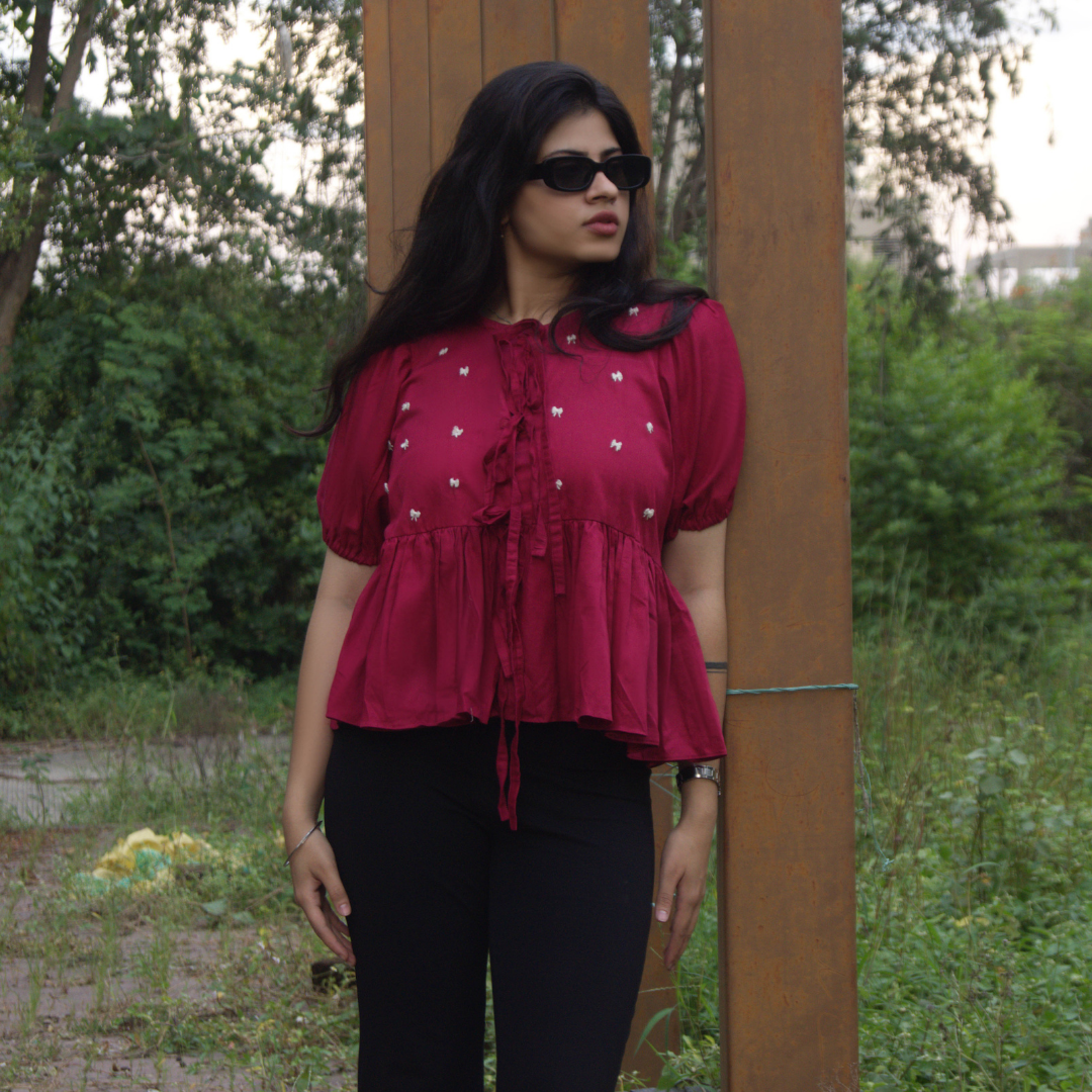 Cranberry Red Embroidered Cotton Peplum Top