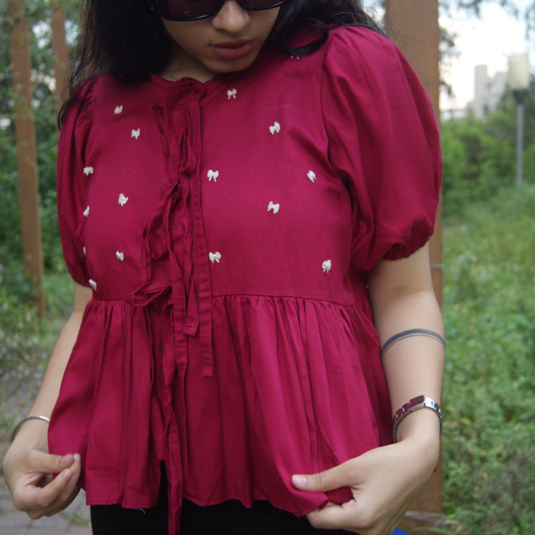 Cranberry Red Embroidered Cotton Peplum Top