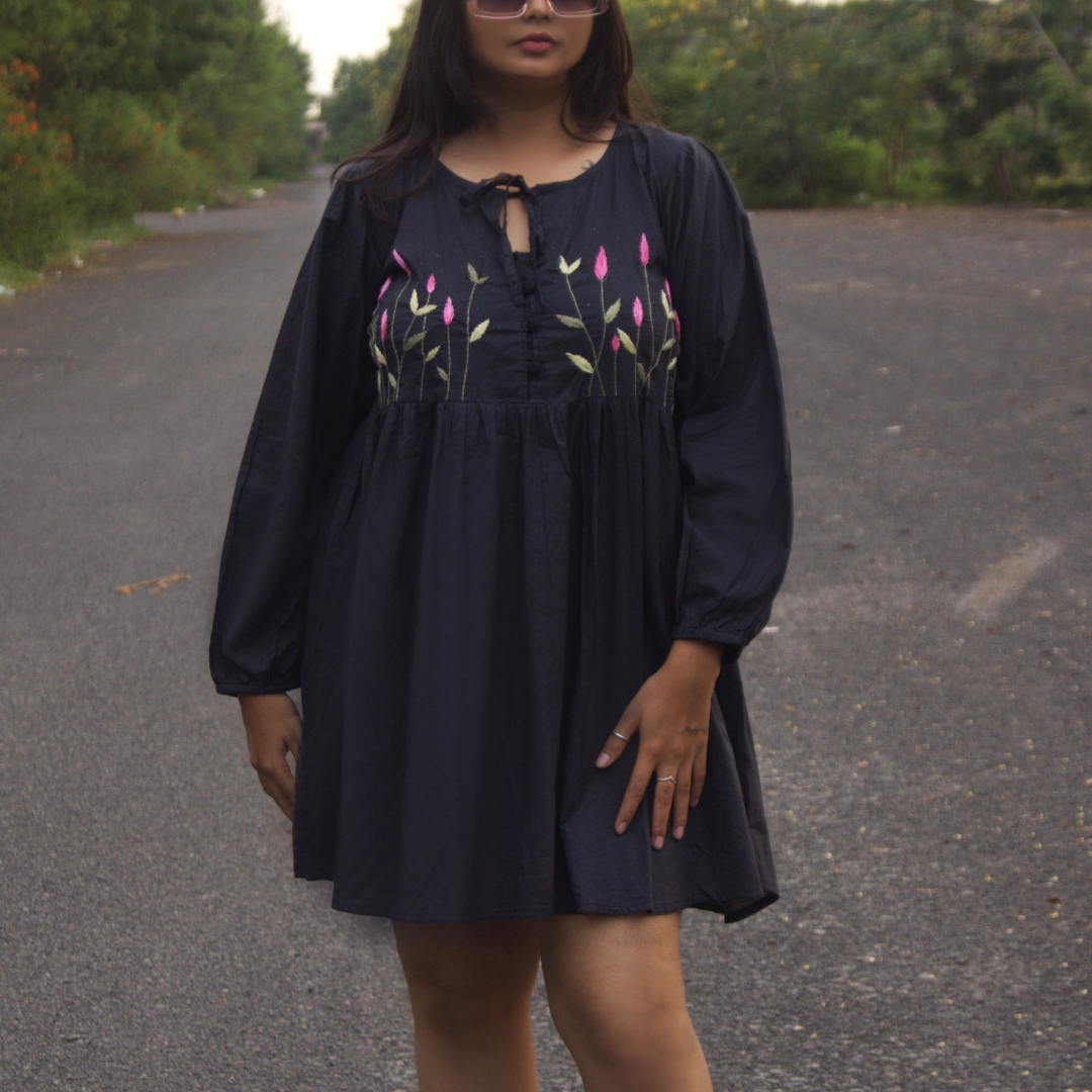 Black Floral Embroidered Cotton Dress