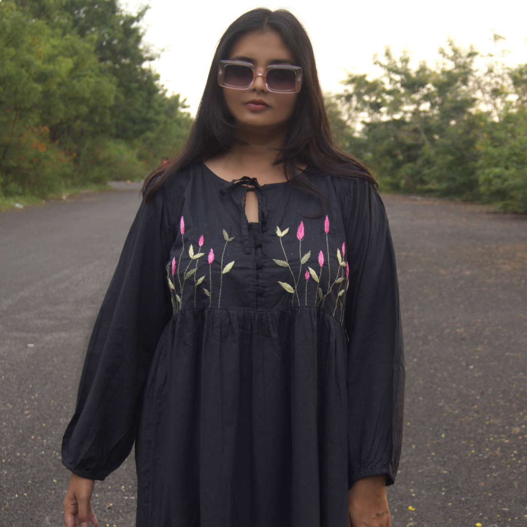 Black Floral Embroidered Cotton Dress