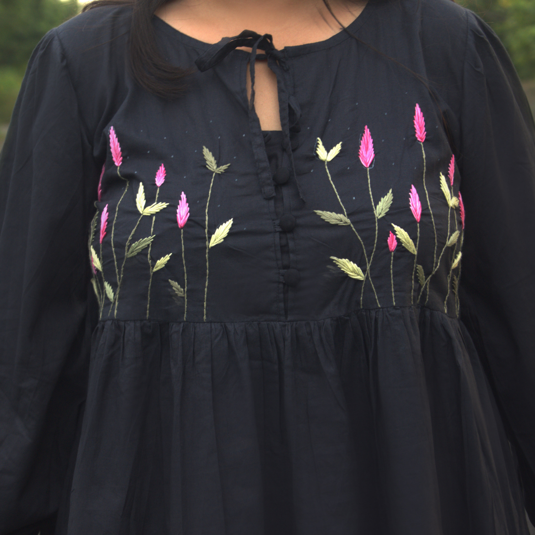 Black Floral Embroidered Cotton Dress
