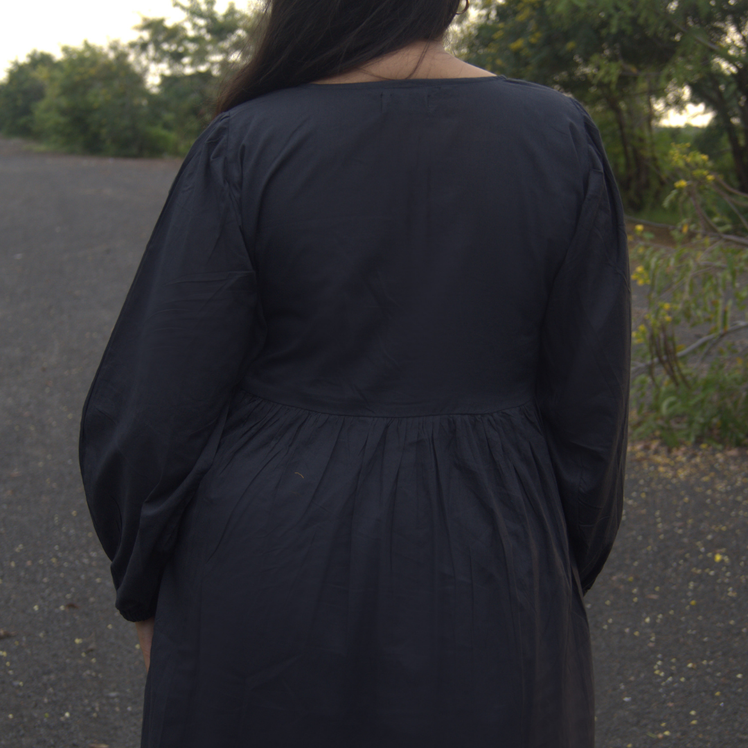 Black Floral Embroidered Cotton Dress