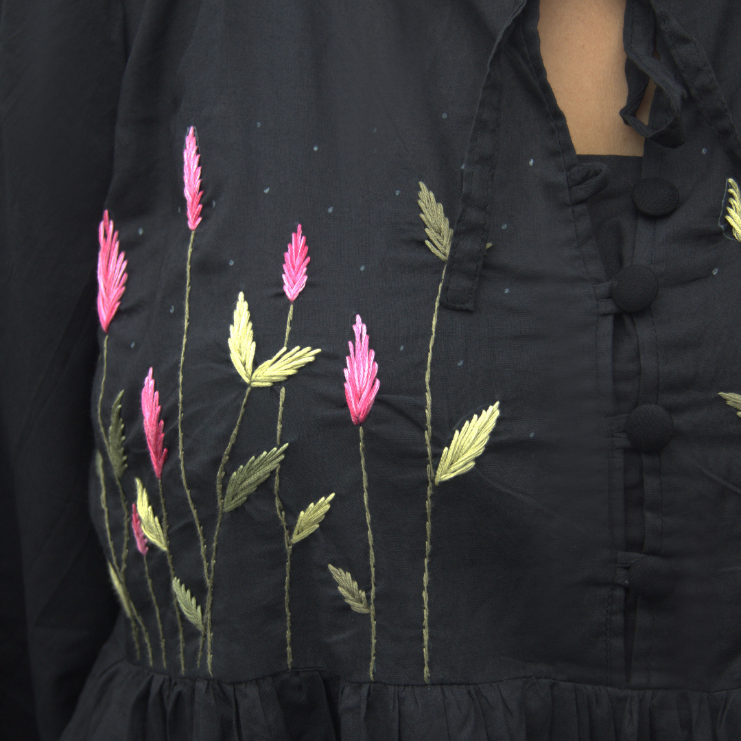 Black Floral Embroidered Cotton Dress