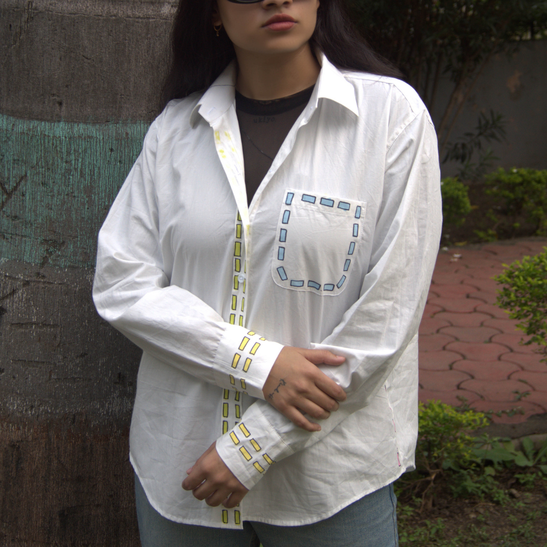 Handpainted Multicolor Detail White Cotton Shirt for Women