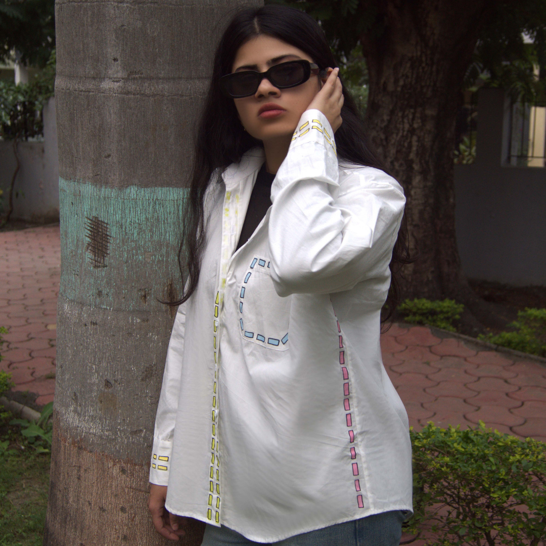 Handpainted Multicolor Detail White Cotton Shirt for Women