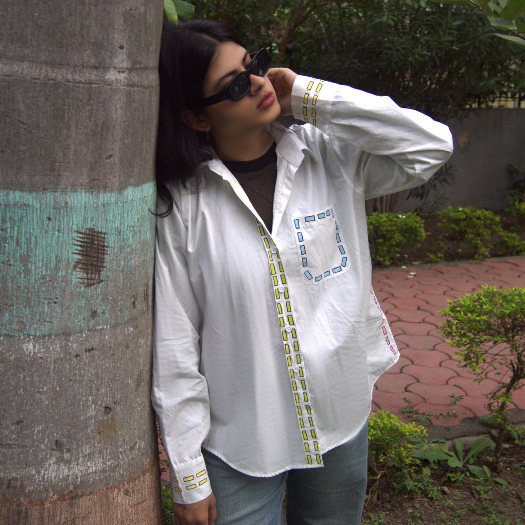 Handpainted Multicolor Detail White Cotton Shirt for Women