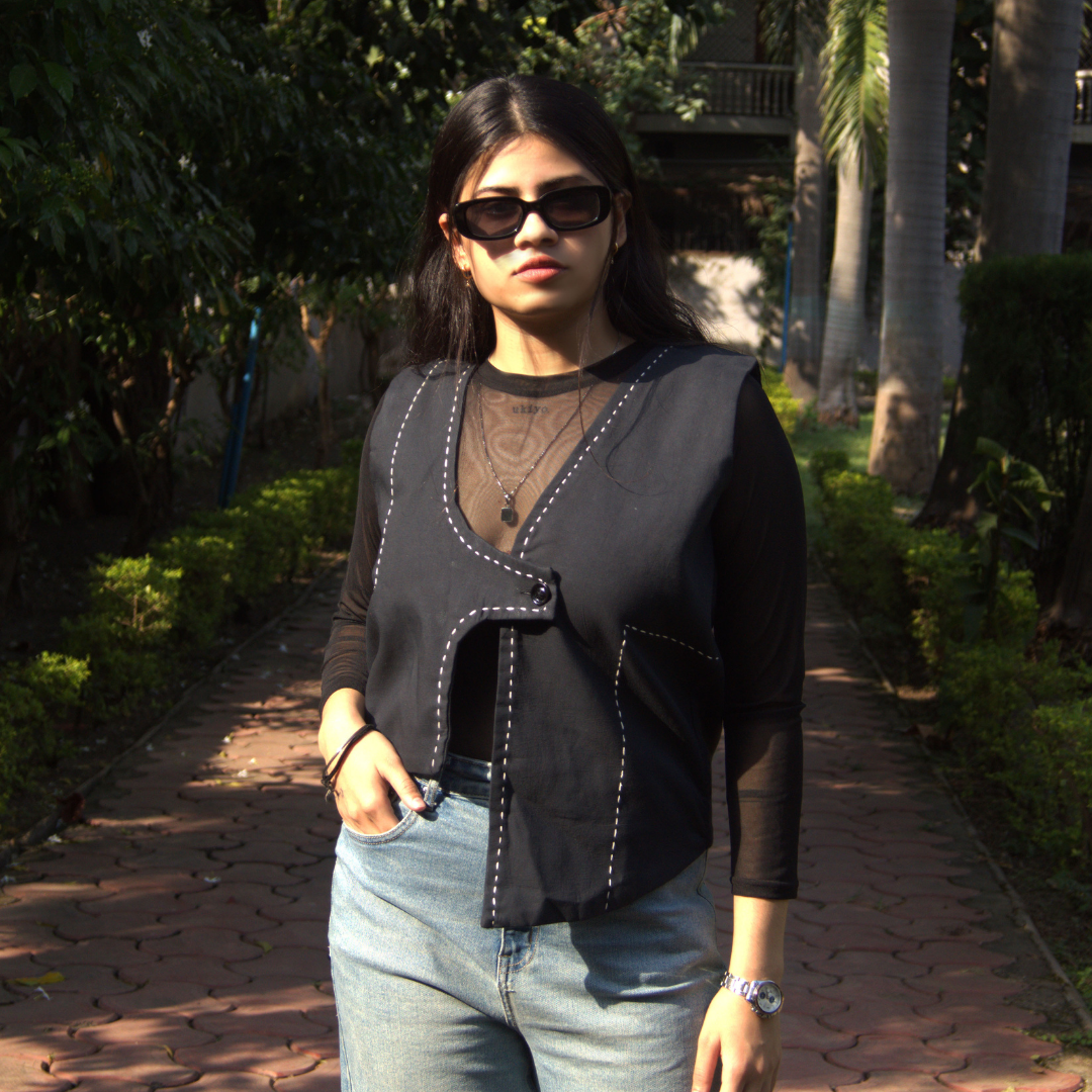 Black Cotton Hand-Stitched Vest for Women – Asymmetric Buttoned Overlay