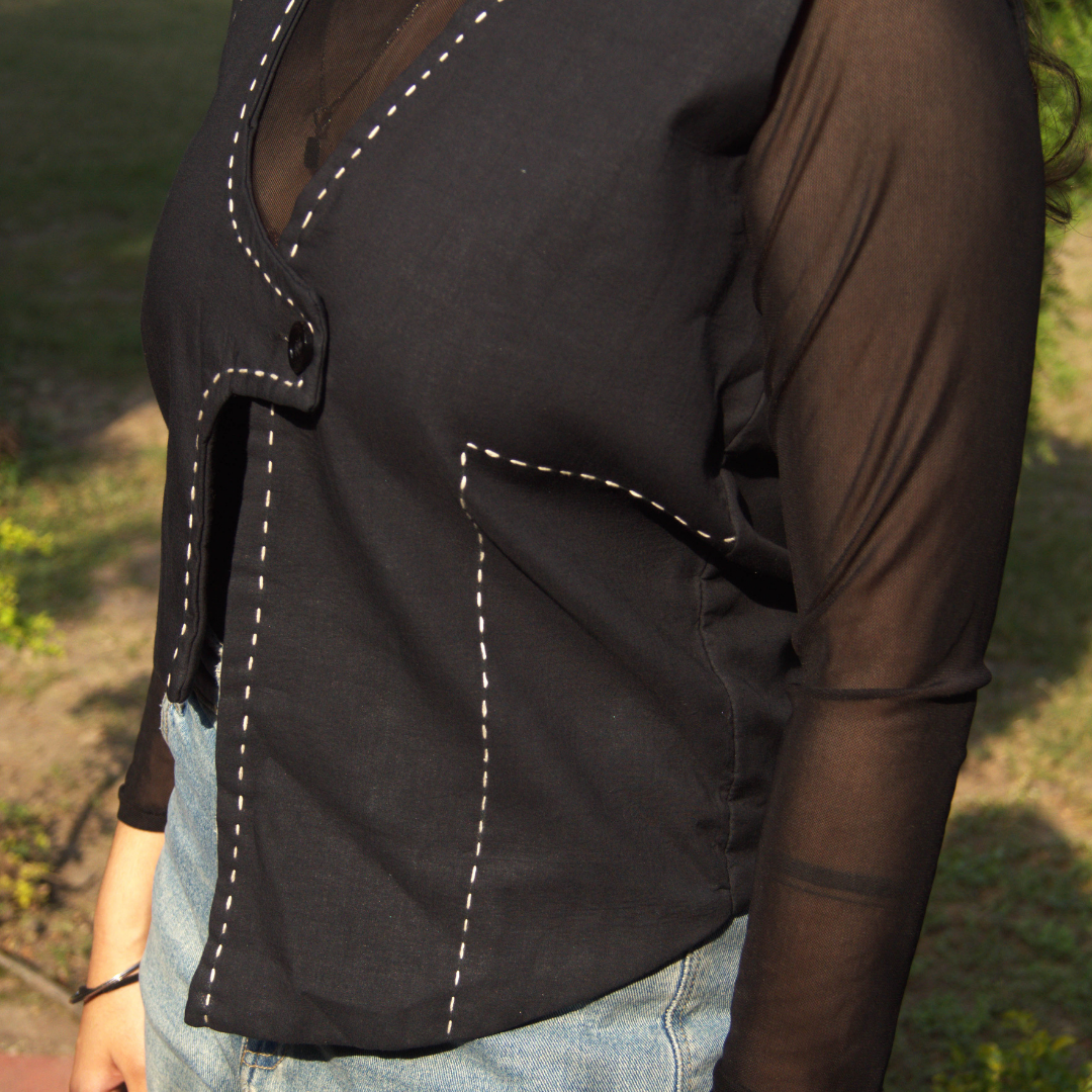 Black Cotton Hand-Stitched Vest for Women – Asymmetric Buttoned Overlay