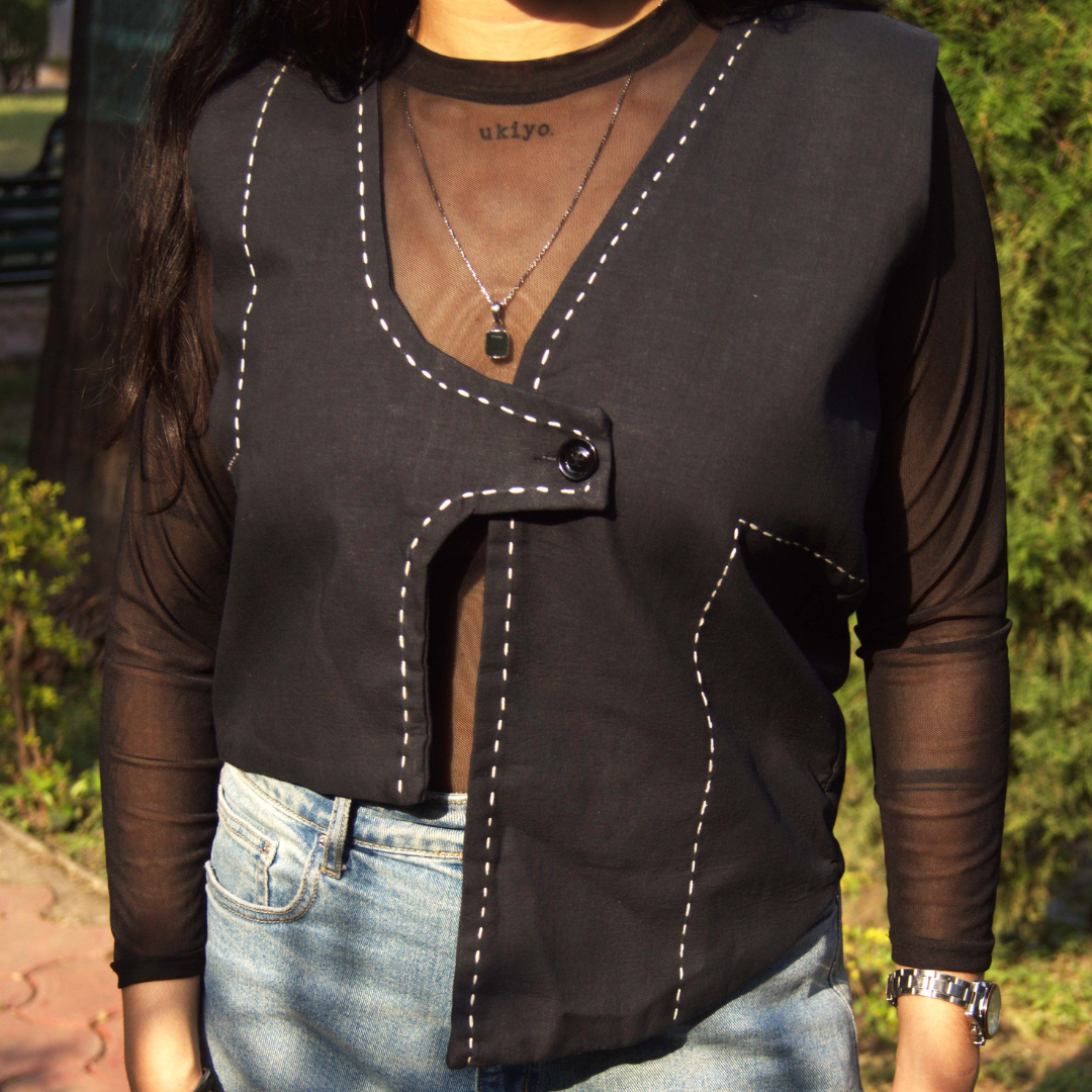Black Cotton Hand-Stitched Vest for Women – Asymmetric Buttoned Overlay