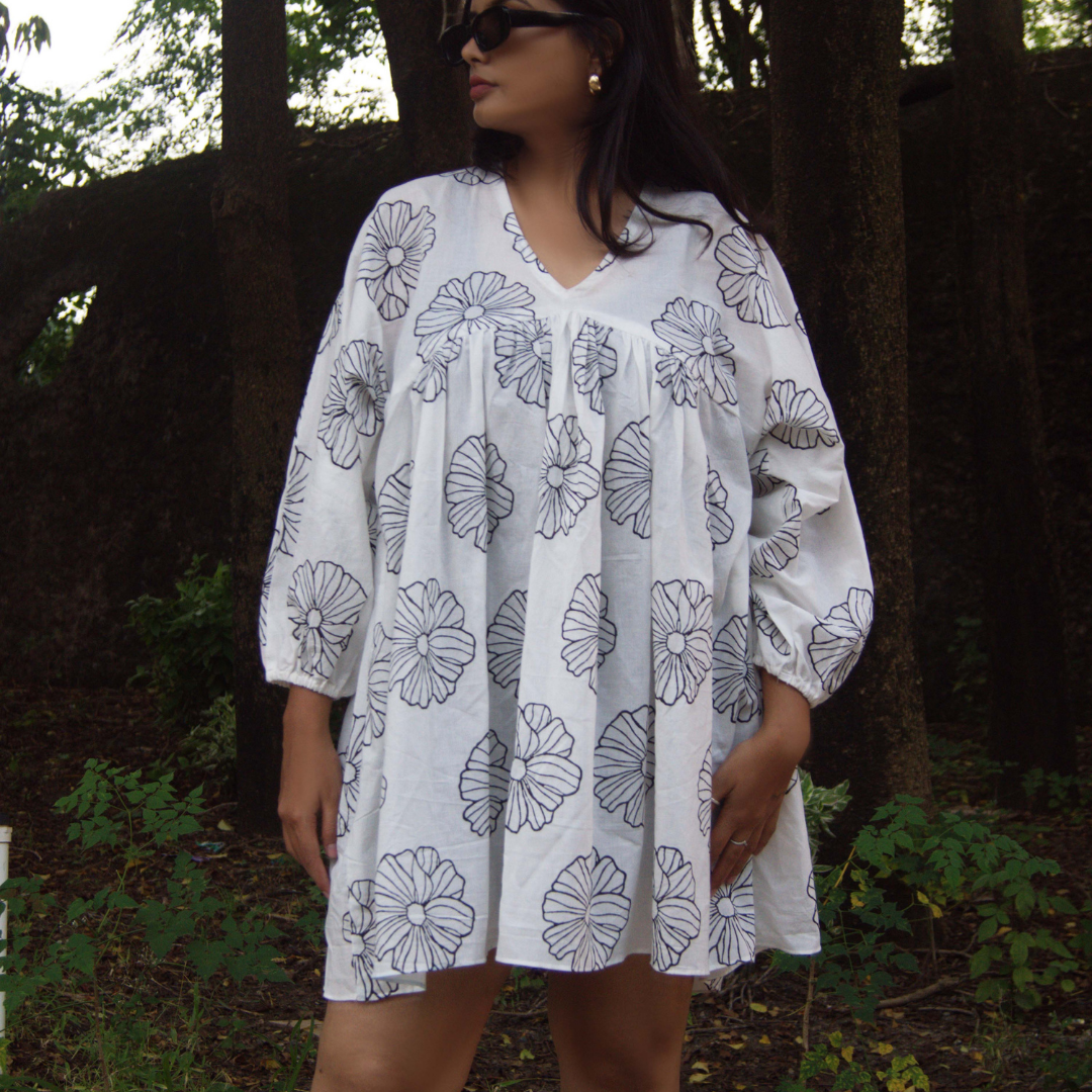 White Floral Block Print Cotton Dress
