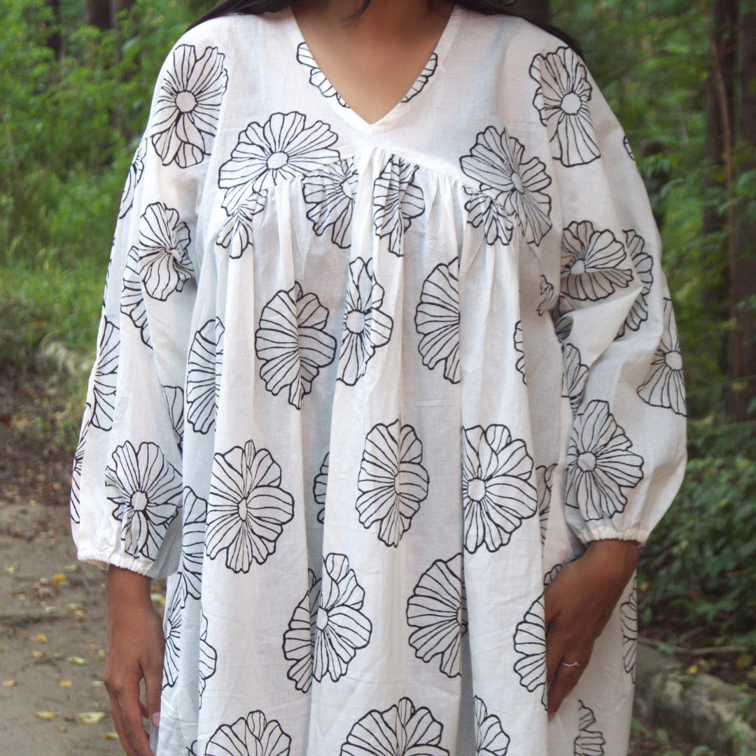 White Floral Block Print Cotton Dress