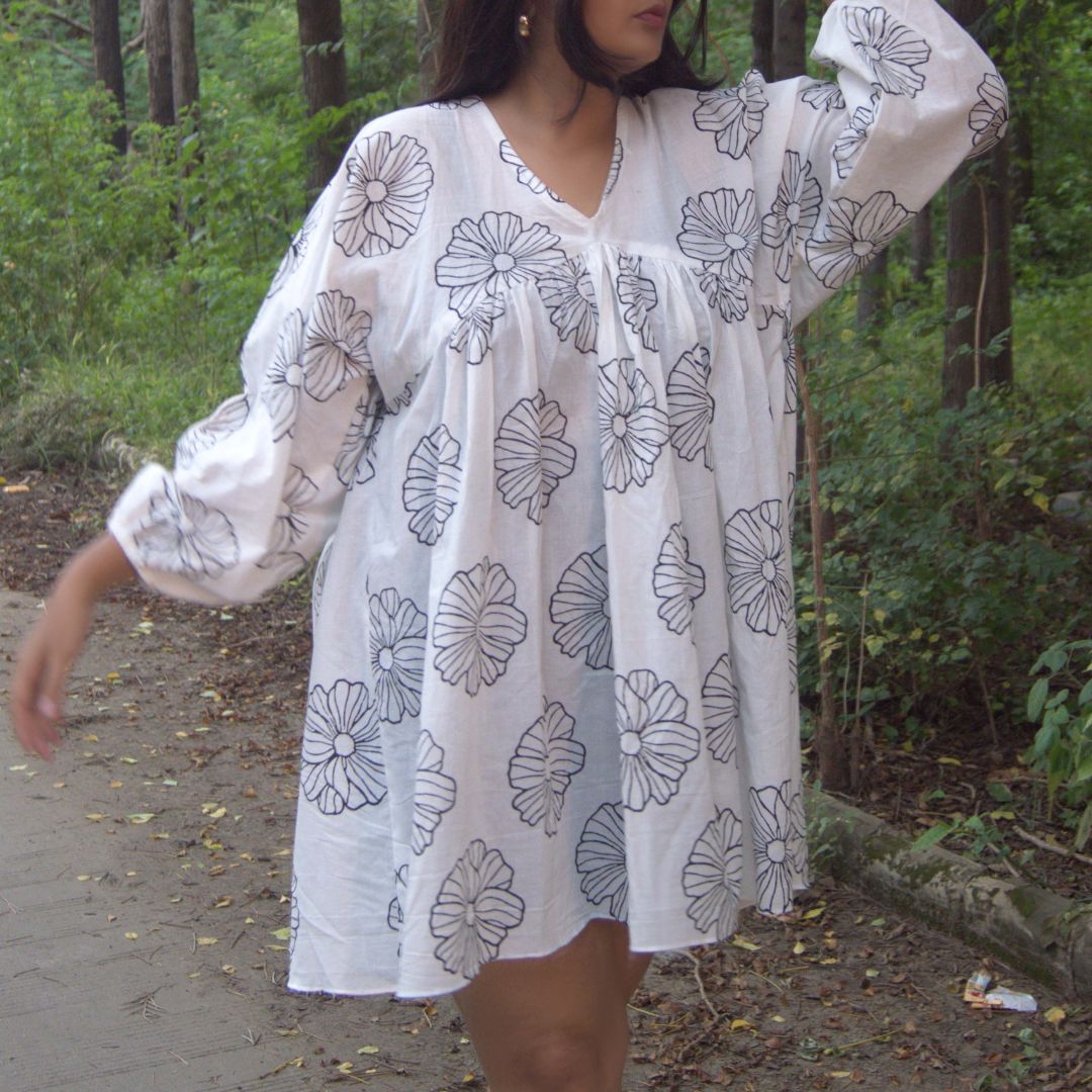 White Floral Block Print Cotton Dress