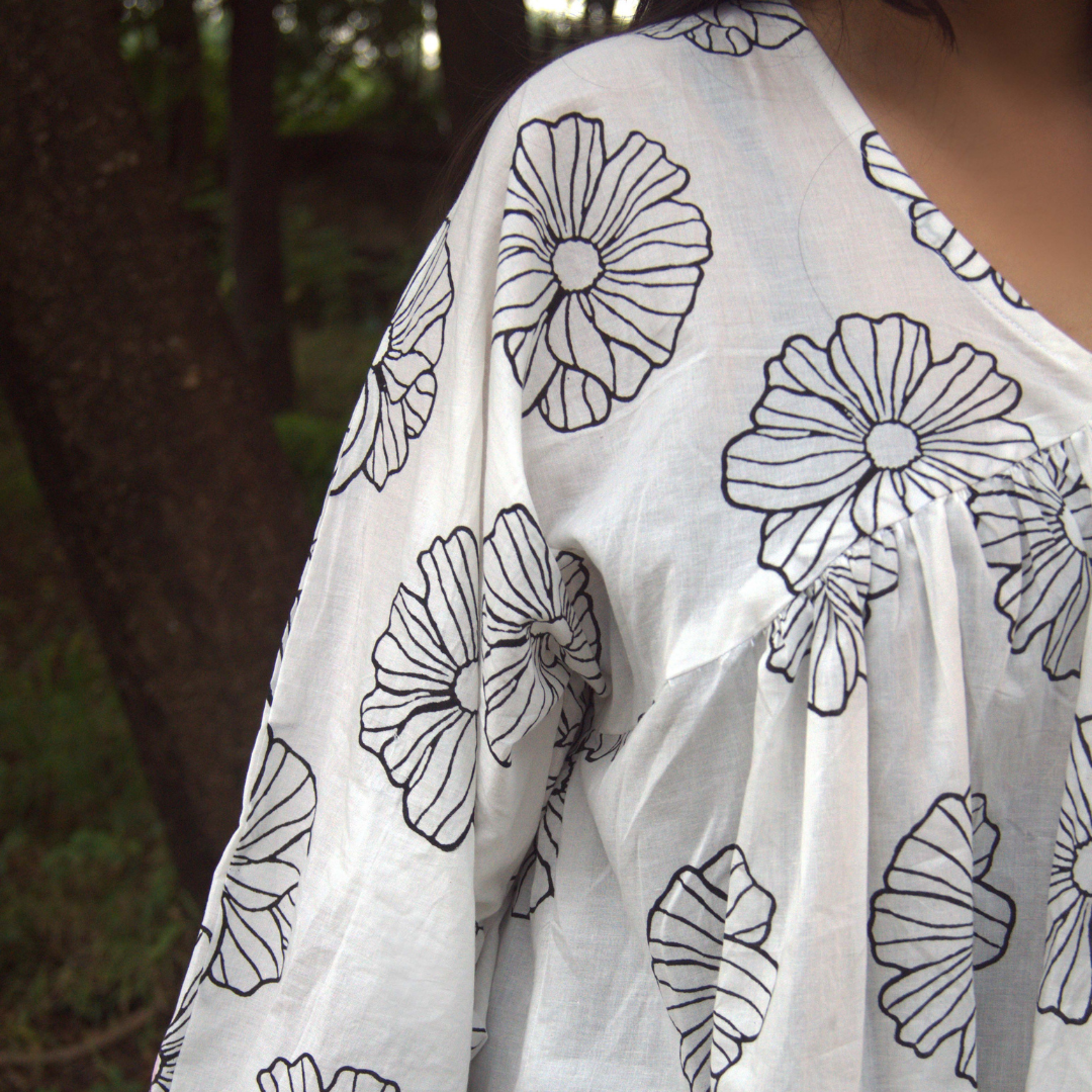 White Floral Block Print Cotton Dress