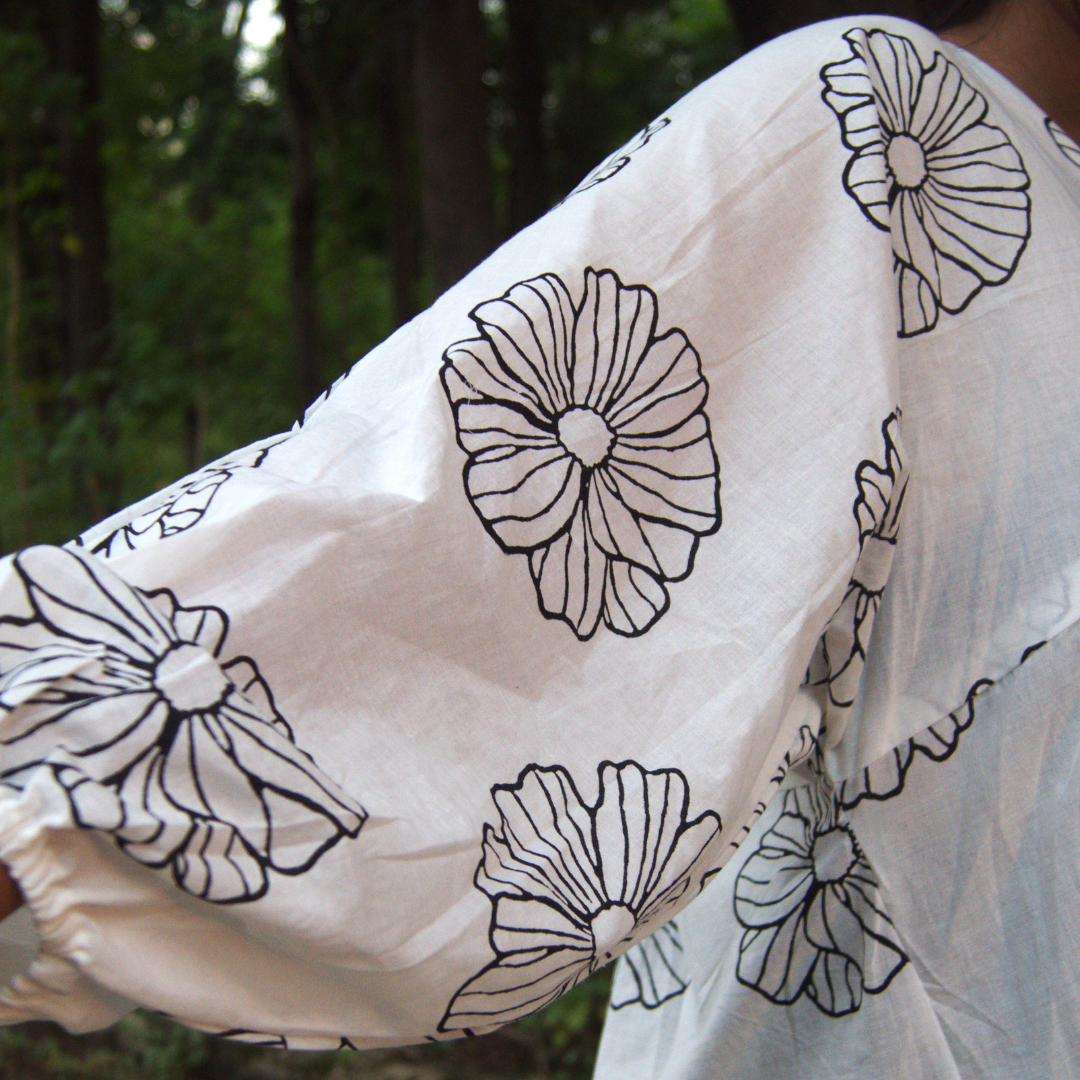 White Floral Block Print Cotton Dress