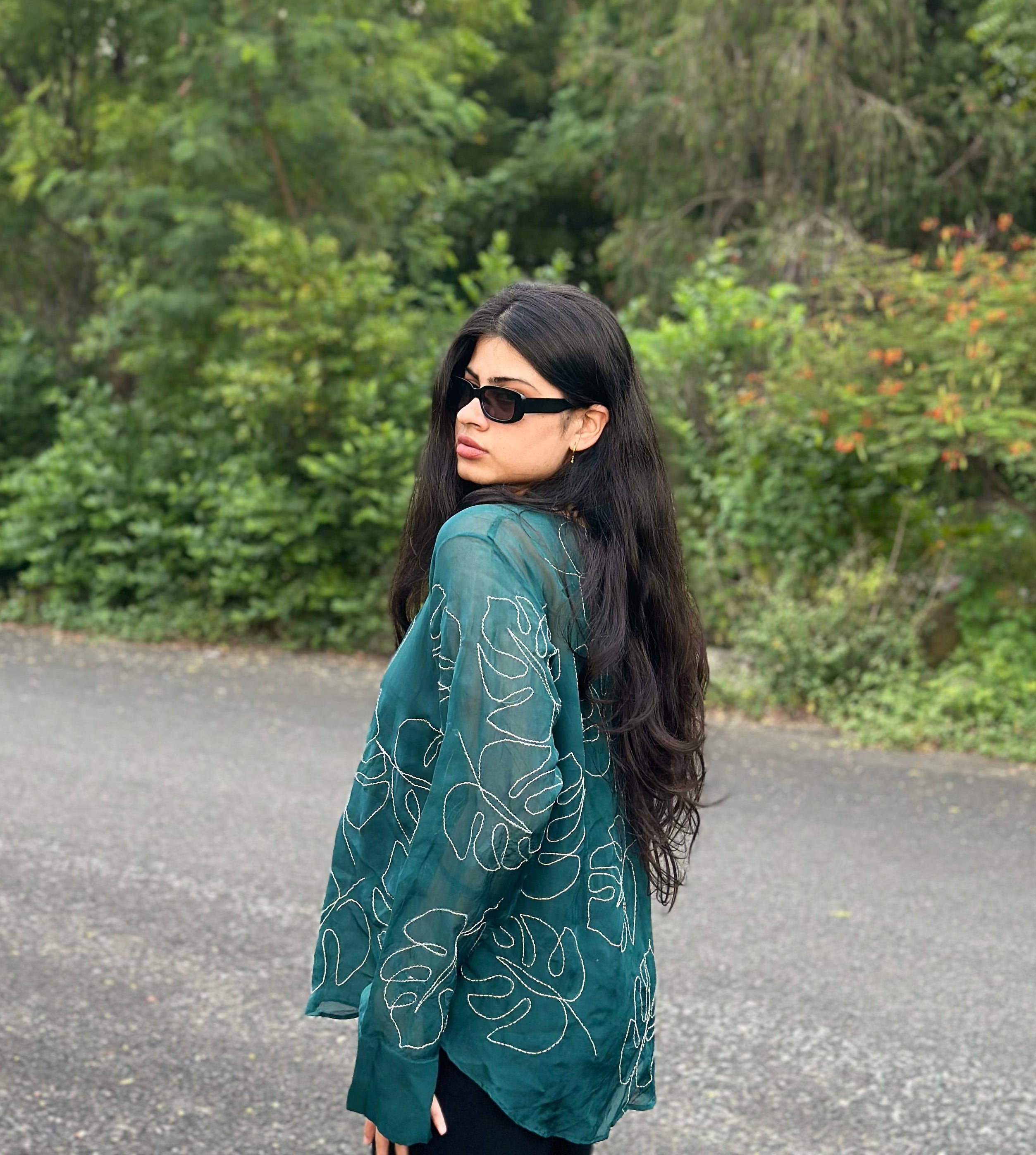 Leaf Pattern Hand-Embroidered Sheer Bottle Green Top