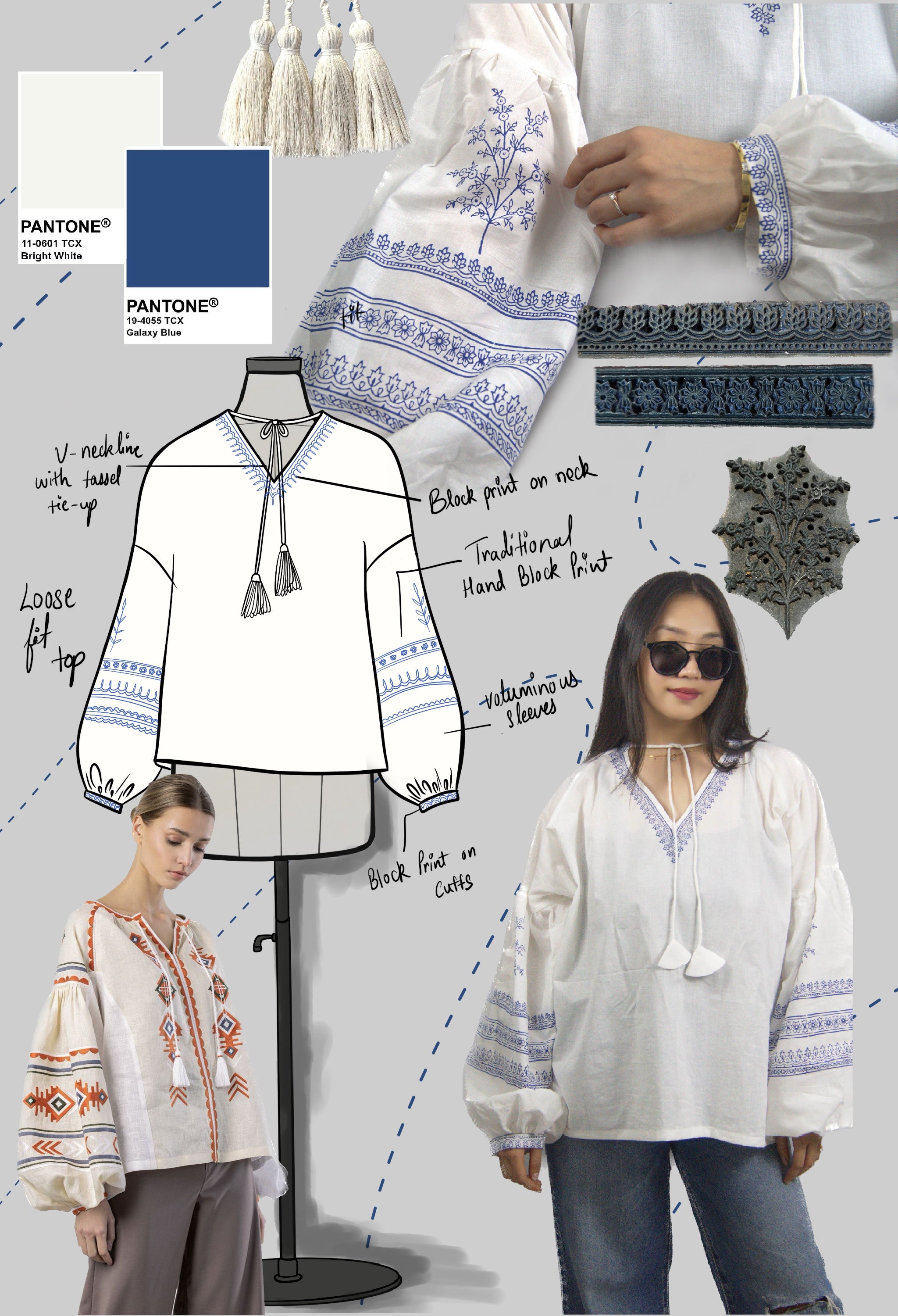 White Boho-Inspired Block Print Blouse – A Timeless Ethnic Charm(Oversized)