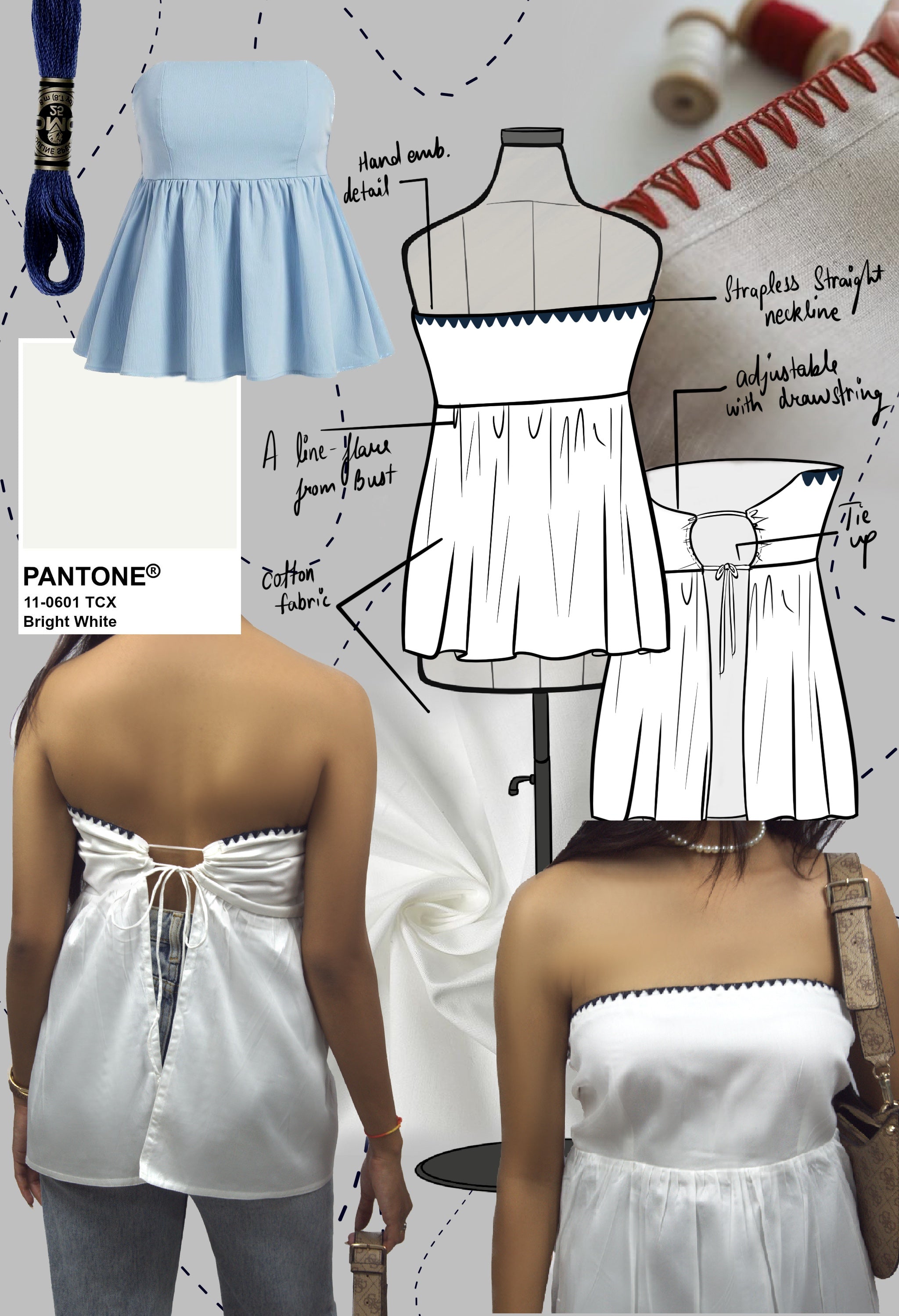 Back-Tie Strapless Babydoll Top – White with Embroidery