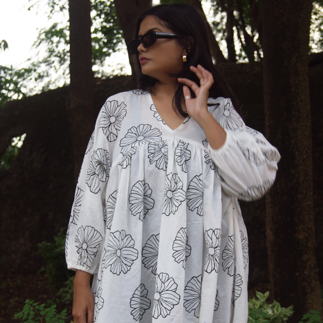 White Floral Block Print Cotton Dress