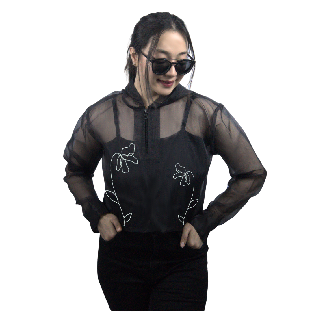 Hand Embroidered Sheer Organza Hoodie