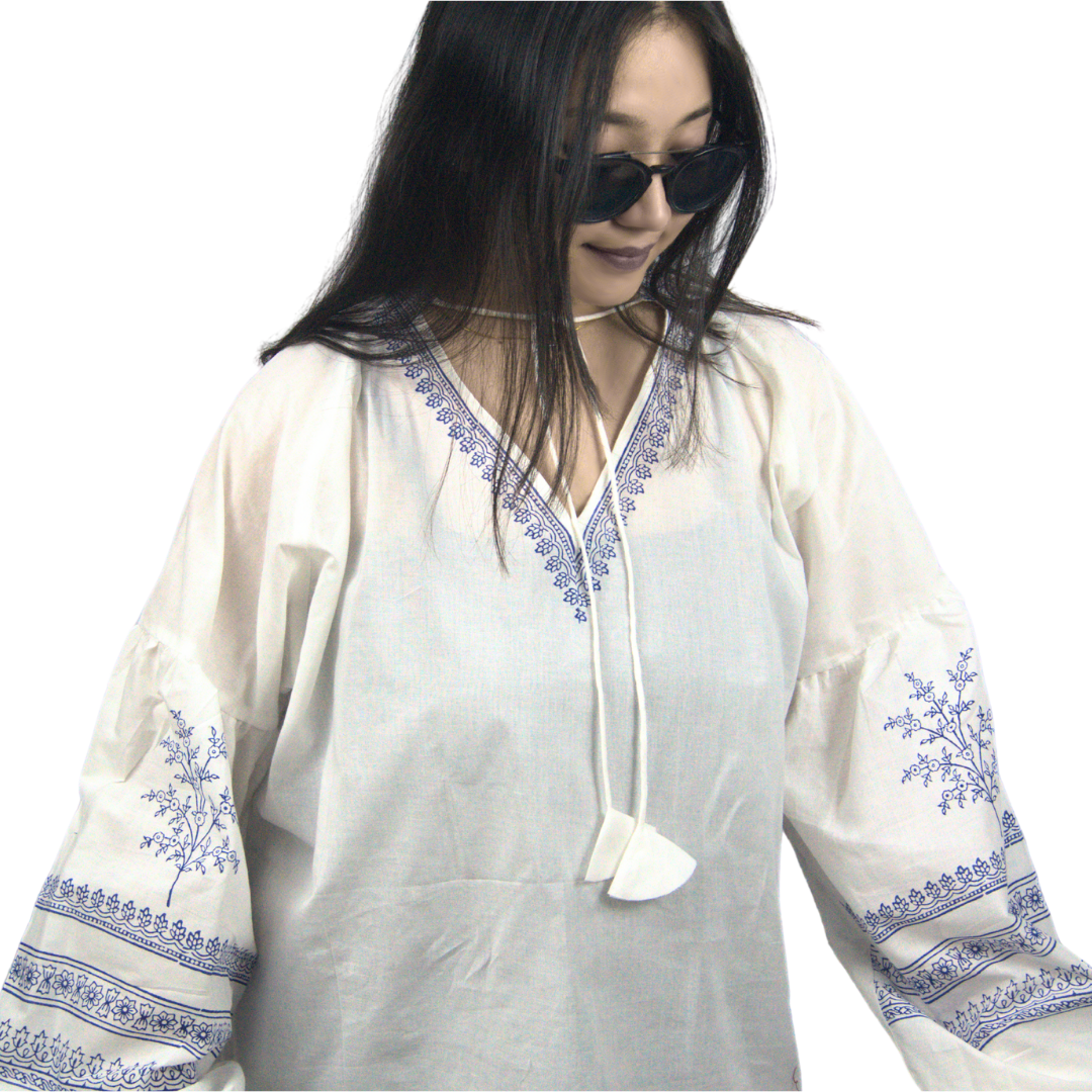 White Boho-Inspired Block Print Blouse – A Timeless Ethnic Charm(Oversized)