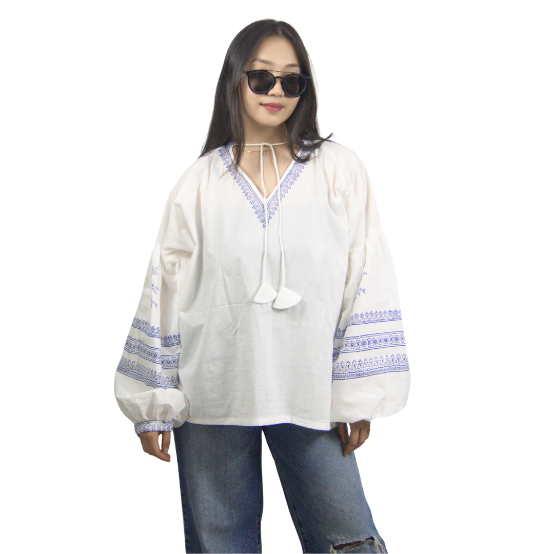 White Boho-Inspired Block Print Blouse – A Timeless Ethnic Charm(Oversized)
