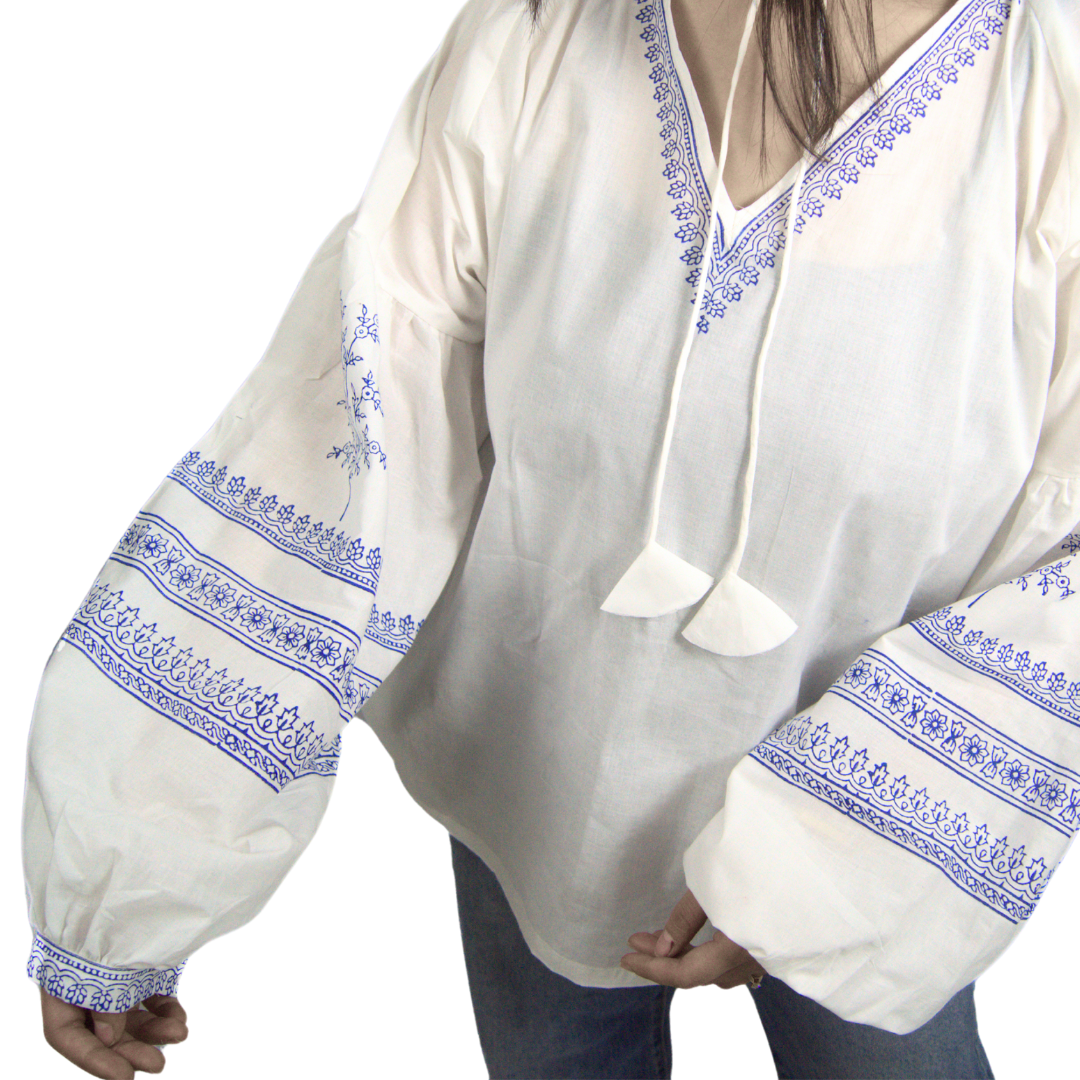 White Boho-Inspired Block Print Blouse – A Timeless Ethnic Charm(Oversized)