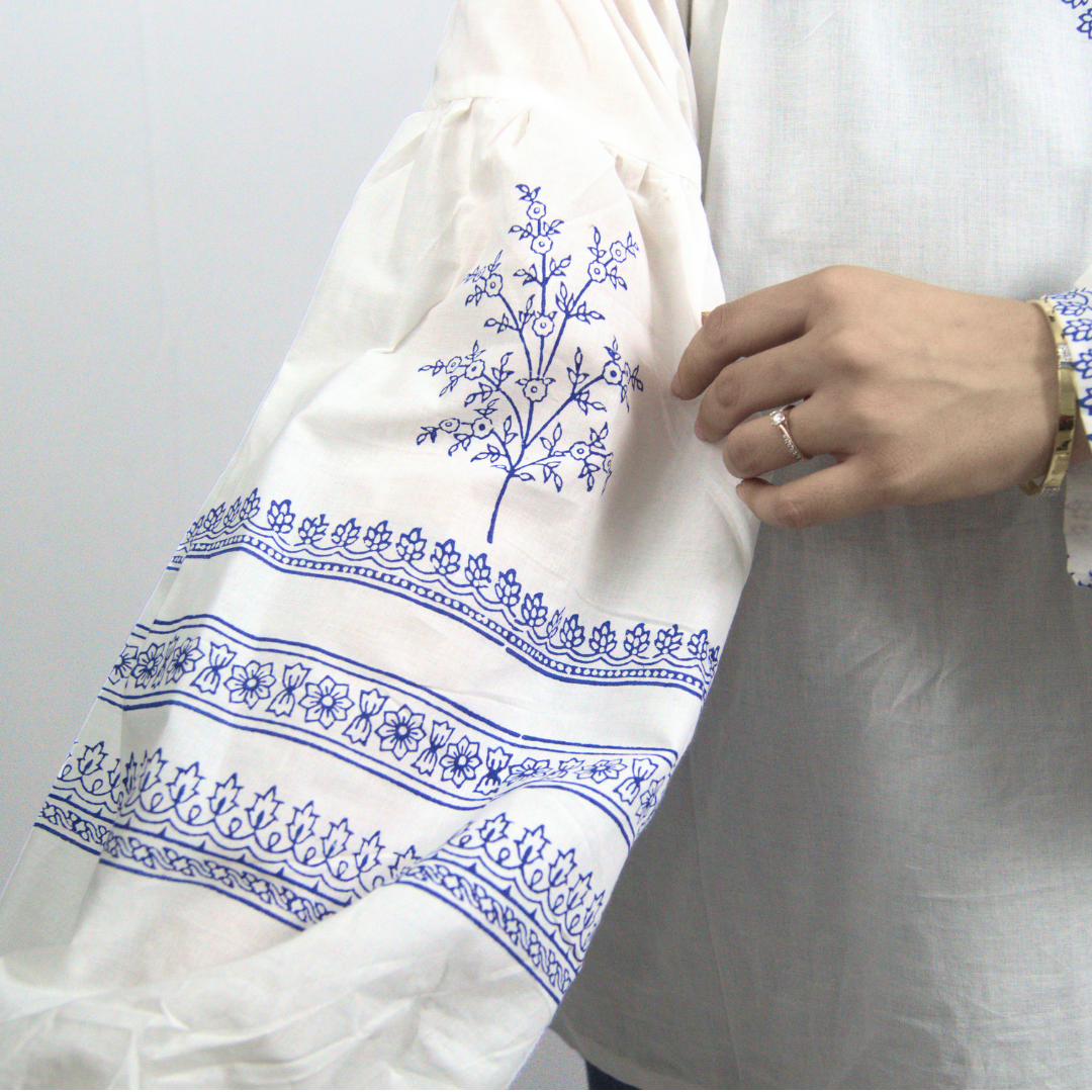 White Boho-Inspired Block Print Blouse – A Timeless Ethnic Charm(Oversized)