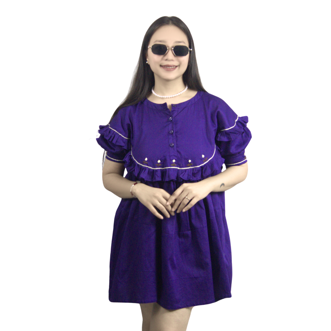 Embroidered Ruffle Short Loose Fit Dress
