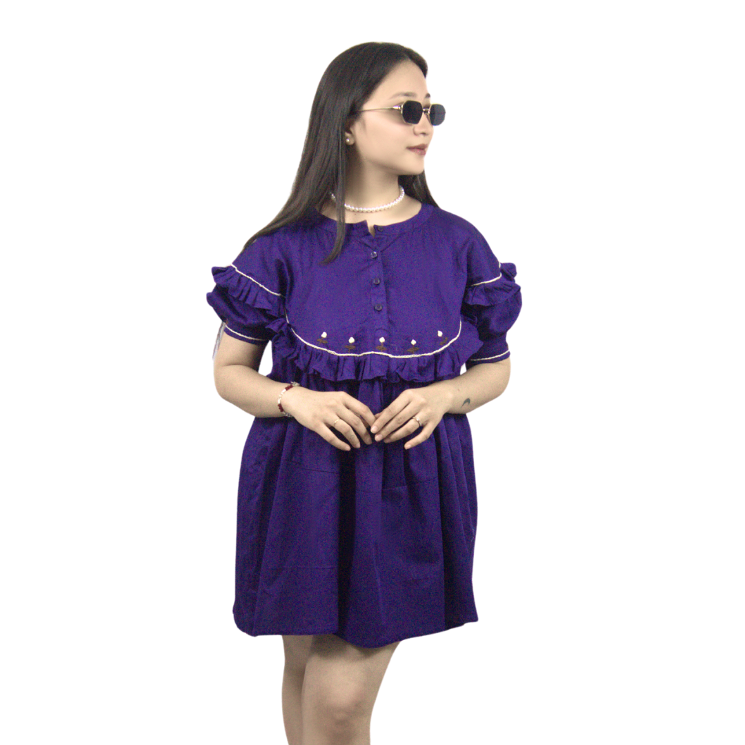 Embroidered Ruffle Short Loose Fit Dress