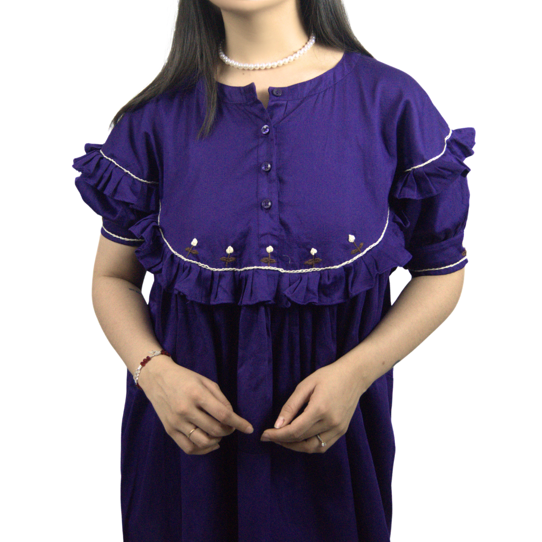 Embroidered Ruffle Short Loose Fit Dress