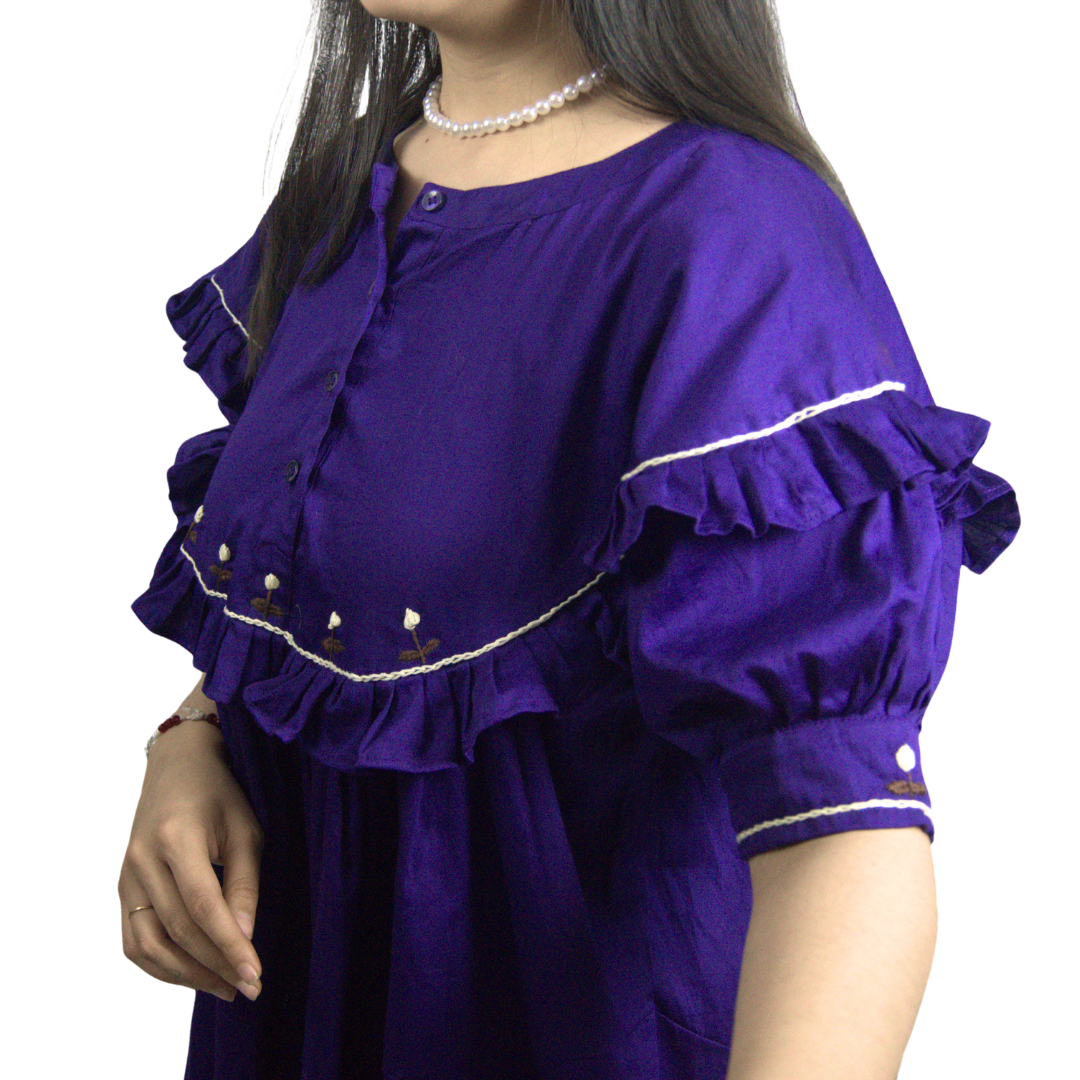 Embroidered Ruffle Short Loose Fit Dress